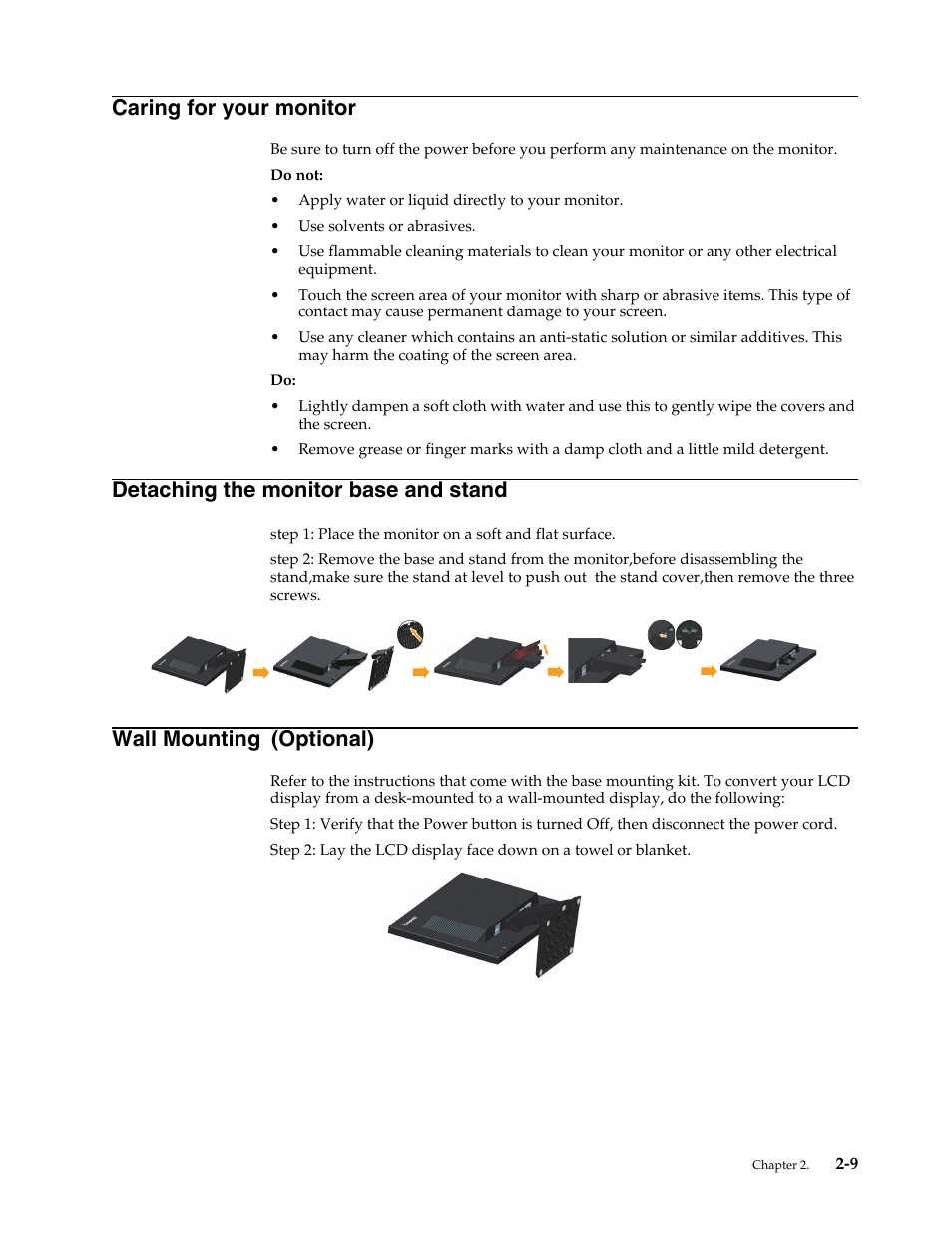 Caring for your monitor, Detaching the monitor base and stand, Wall mounting (optional) | Detaching the monitor base and stand -10, Wall mounting | Lenovo ThinkVision LT1953 19in LCD Monitor User Manual | Page 20 / 35