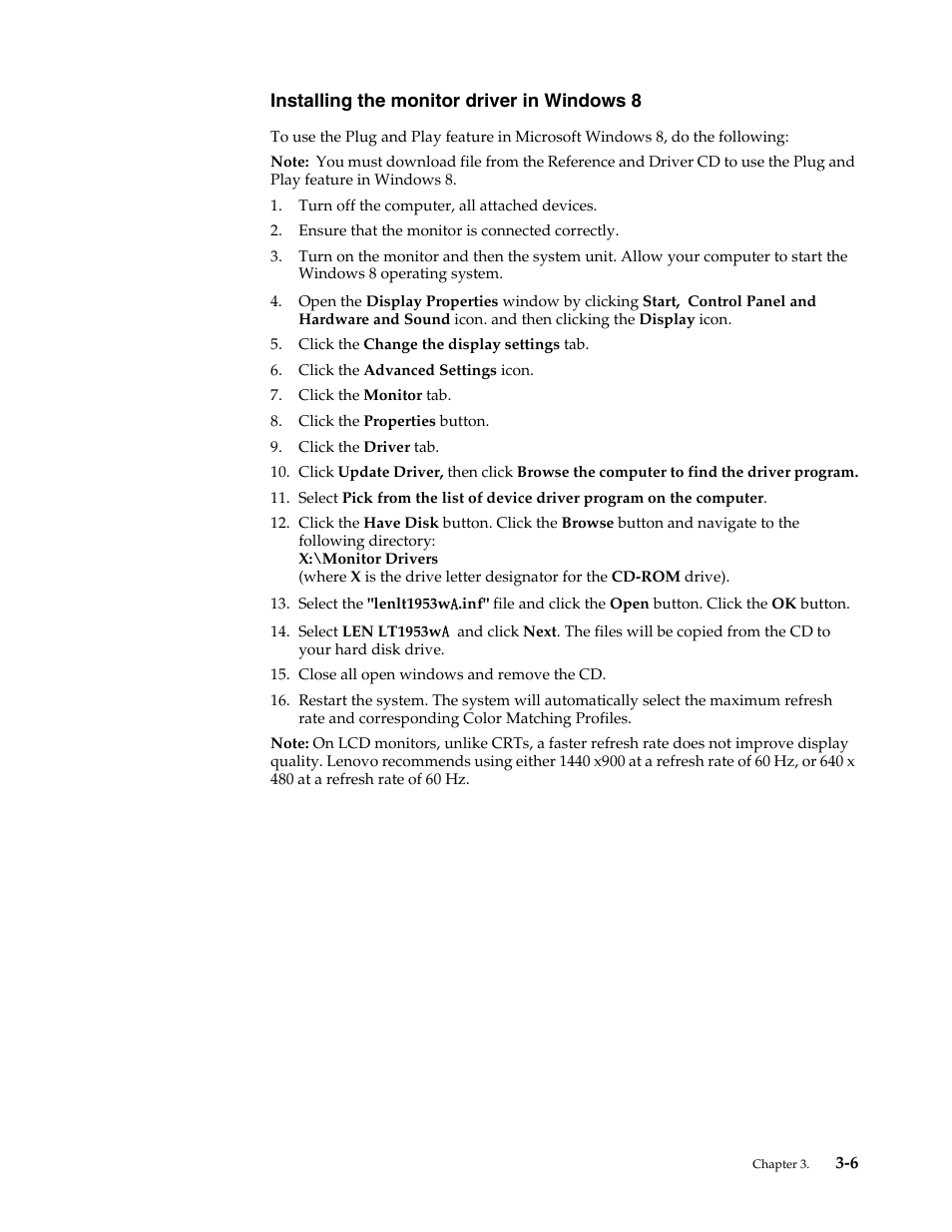 Installing the monitor driver in windows 8, Installing the monitor driver in windows 8 -6 | Lenovo ThinkVision LT1953 19in LCD Monitor User Manual | Page 27 / 35