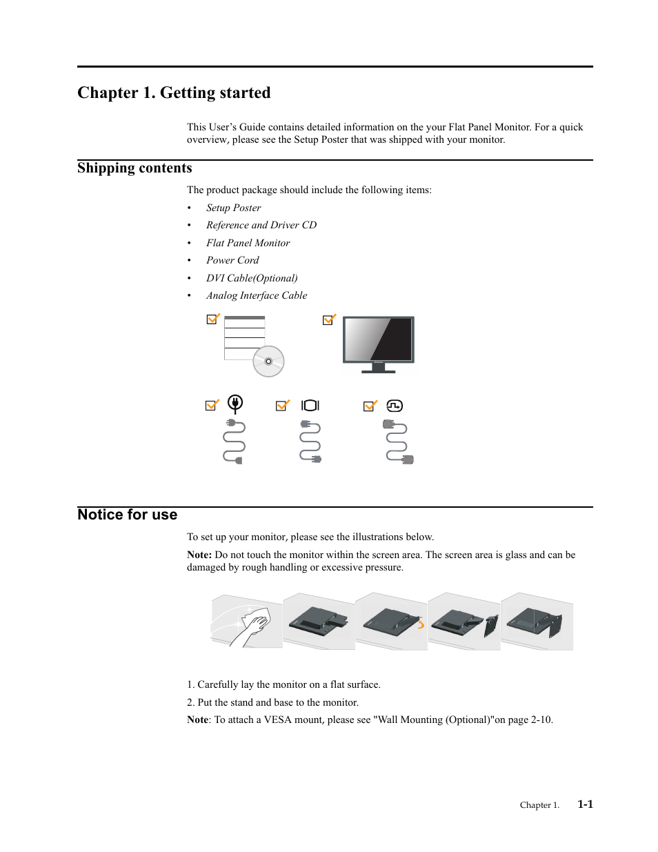 Chapter 1. getting started, Shipping contents, Notice for use | Chapter 1. getting, Shipping contents -1, Notice for use -1 | Lenovo ThinkVision LT1953 19in LCD Monitor User Manual | Page 5 / 35