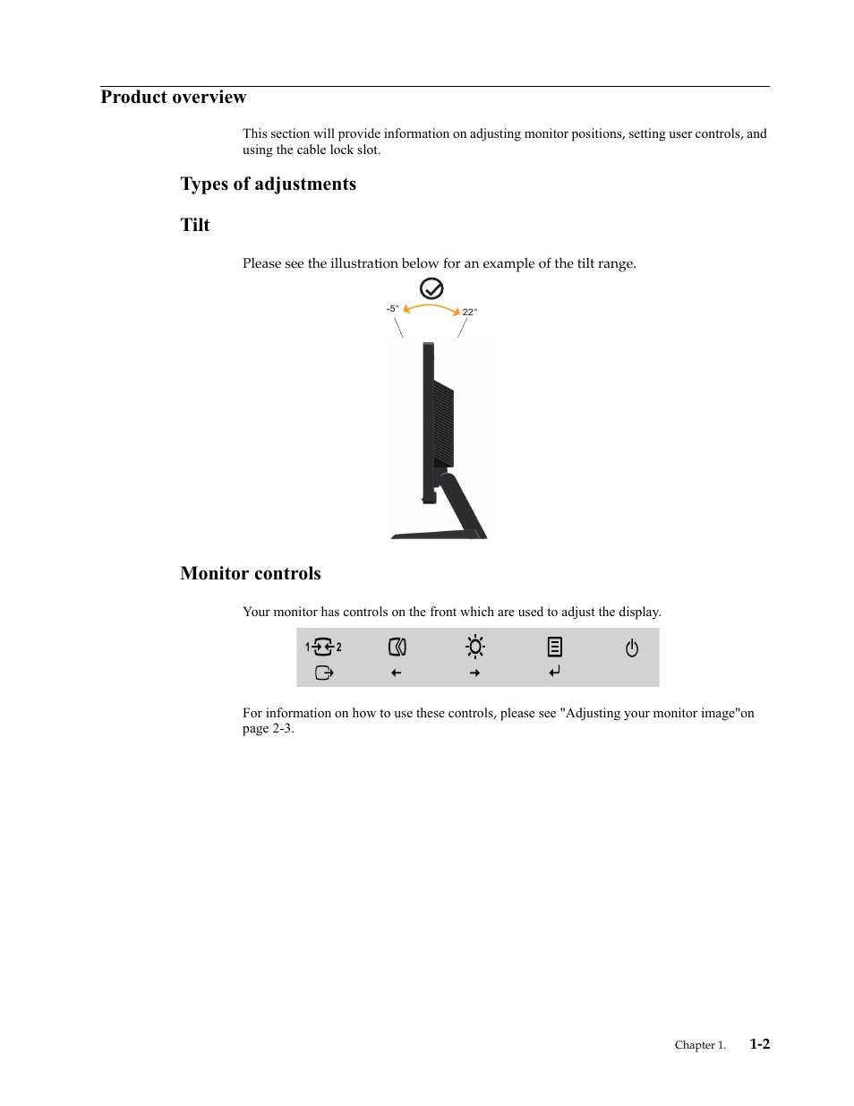 Product overview, Types of adjustments, Tilt | Monitor controls, Product overview -2, Types of adjustments -2, Tilt -2, Monitor controls -2, Types of adjustments tilt | Lenovo ThinkVision LT1953 19in LCD Monitor User Manual | Page 6 / 35