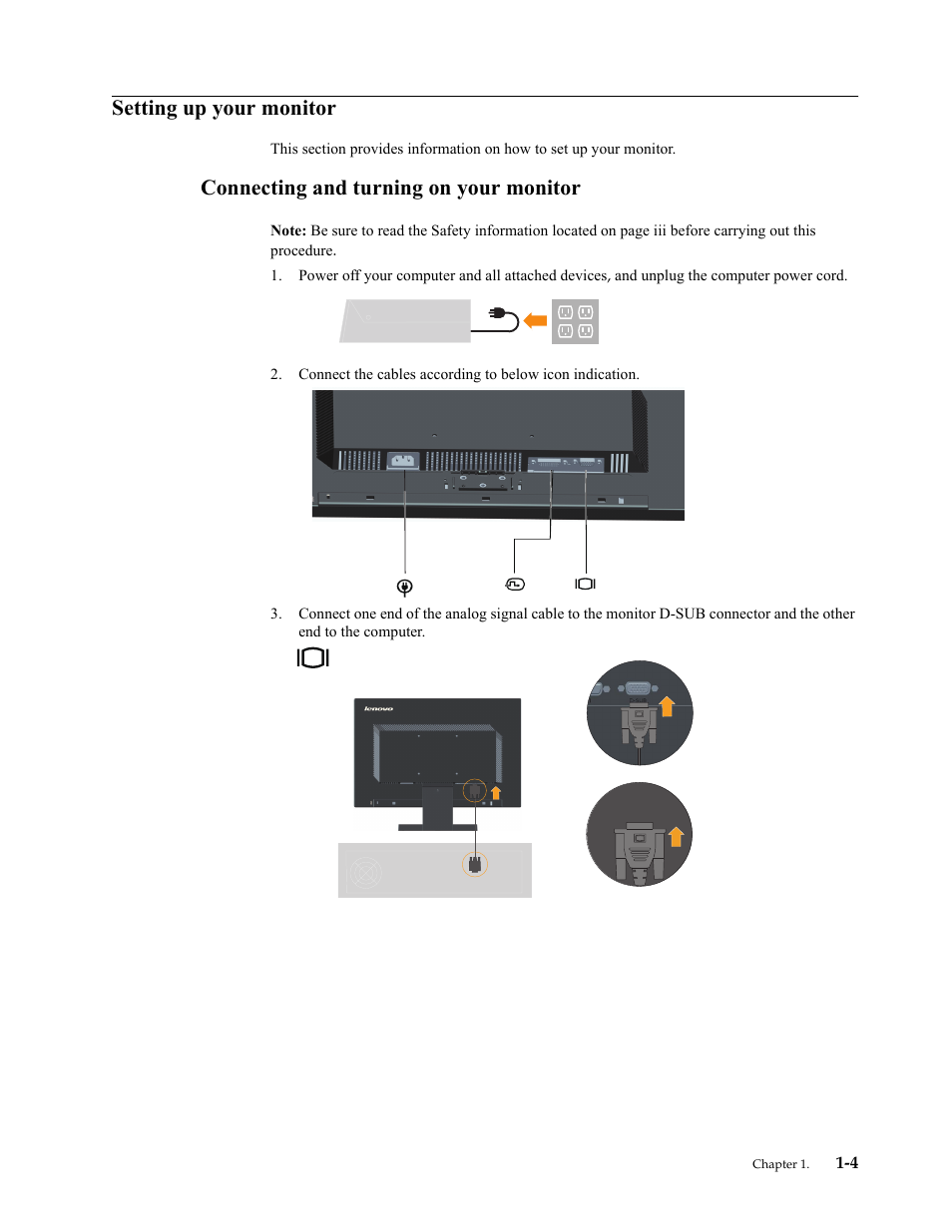 Setting up your monitor, Connecting and turning on your monitor, Setting up your monitor -4 | Connecting and turning on your monitor -4 | Lenovo ThinkVision LT1953 19in LCD Monitor User Manual | Page 8 / 35