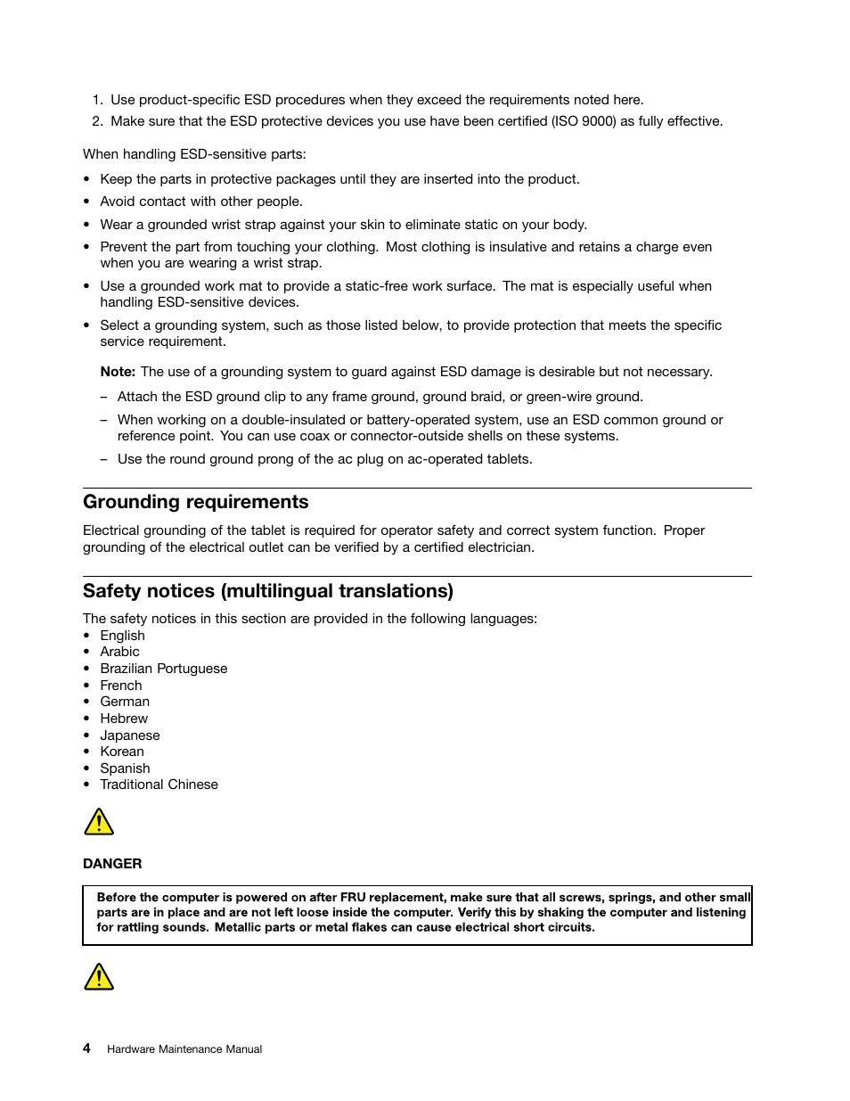 Grounding requirements, Safety notices (multilingual translations) | Lenovo ThinkPad Tablet 2 User Manual | Page 10 / 64