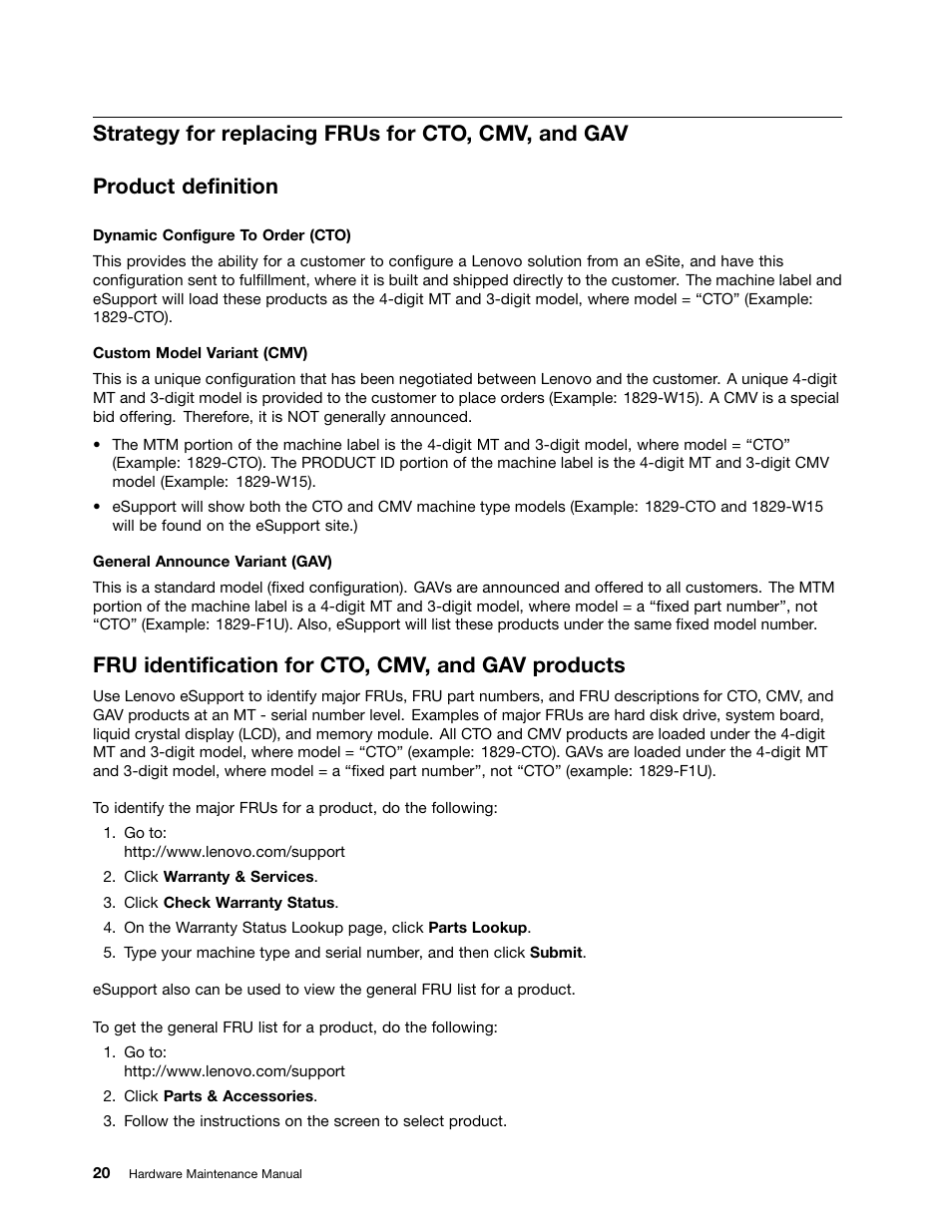 Strategy for replacing frus for cto, cmv, and gav, Product definition, Fru identification for cto, cmv, and gav products | Lenovo ThinkPad Tablet 2 User Manual | Page 26 / 64