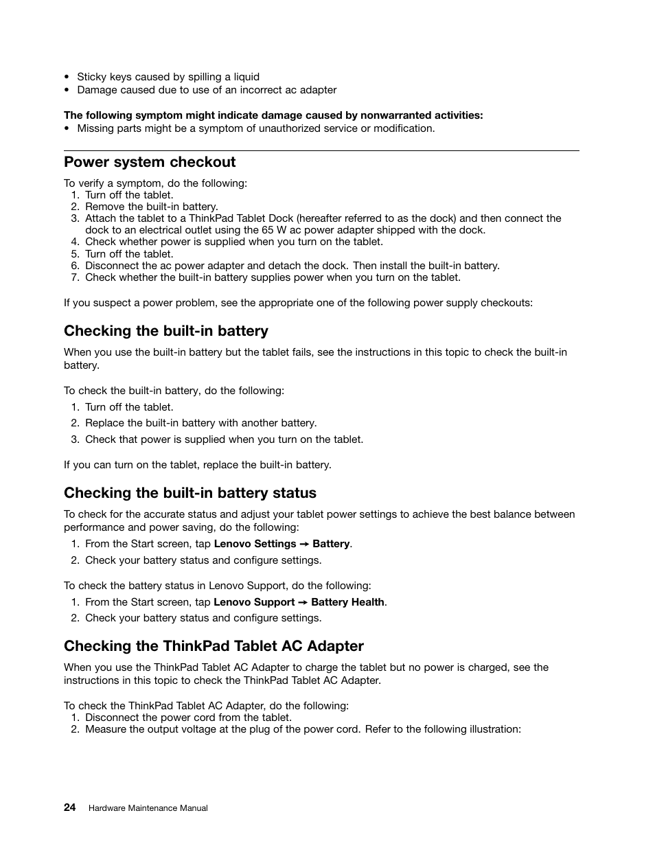 Power system checkout, Checking the built-in battery, Checking the built-in battery status | Checking the thinkpad tablet ac adapter | Lenovo ThinkPad Tablet 2 User Manual | Page 30 / 64