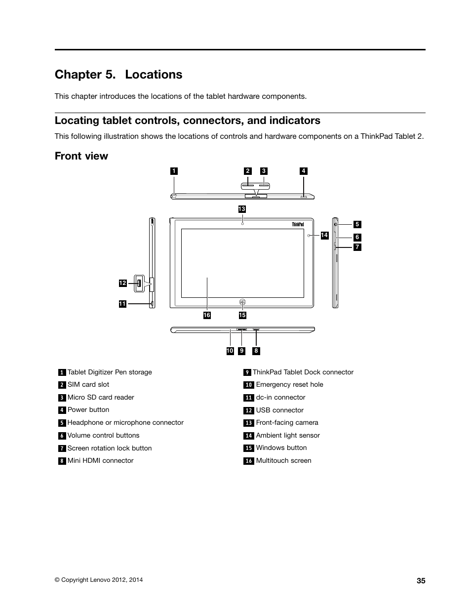 Chapter 5. locations, Front view | Lenovo ThinkPad Tablet 2 User Manual | Page 41 / 64