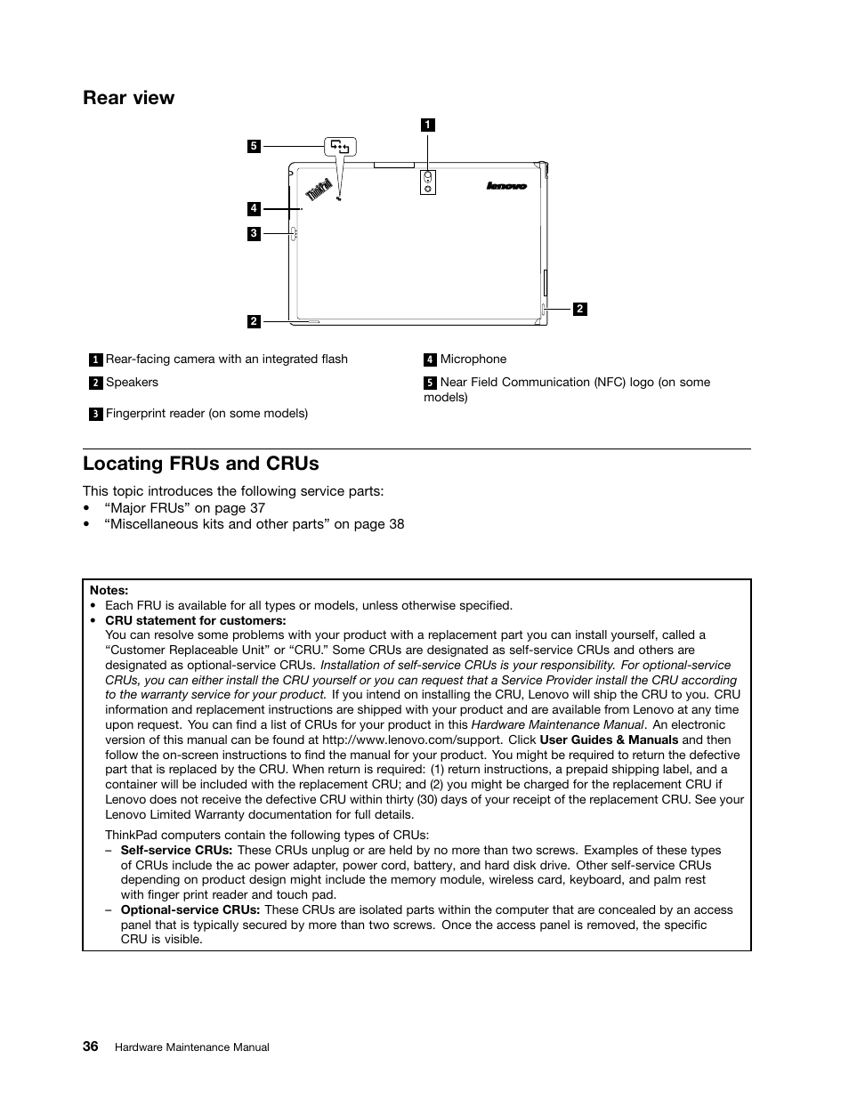 Rear view, Locating frus and crus | Lenovo ThinkPad Tablet 2 User Manual | Page 42 / 64