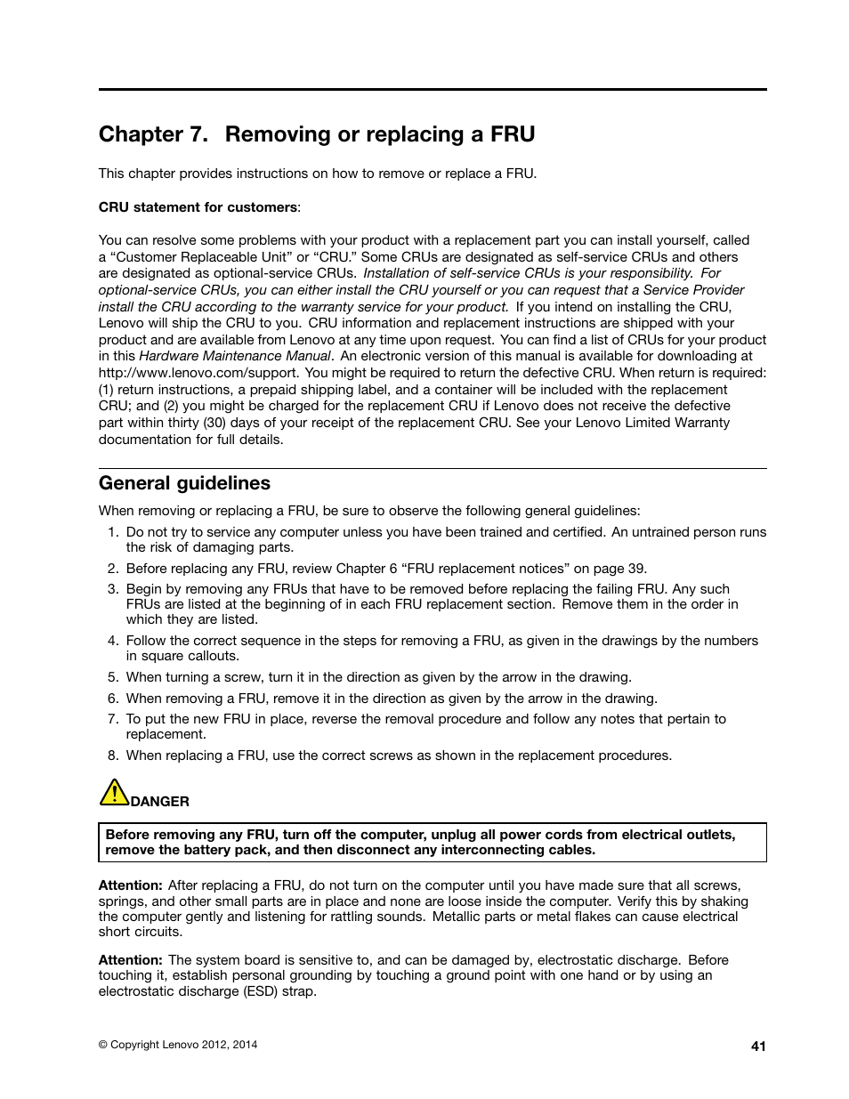 Chapter 7. removing or replacing a fru, General guidelines | Lenovo ThinkPad Tablet 2 User Manual | Page 47 / 64