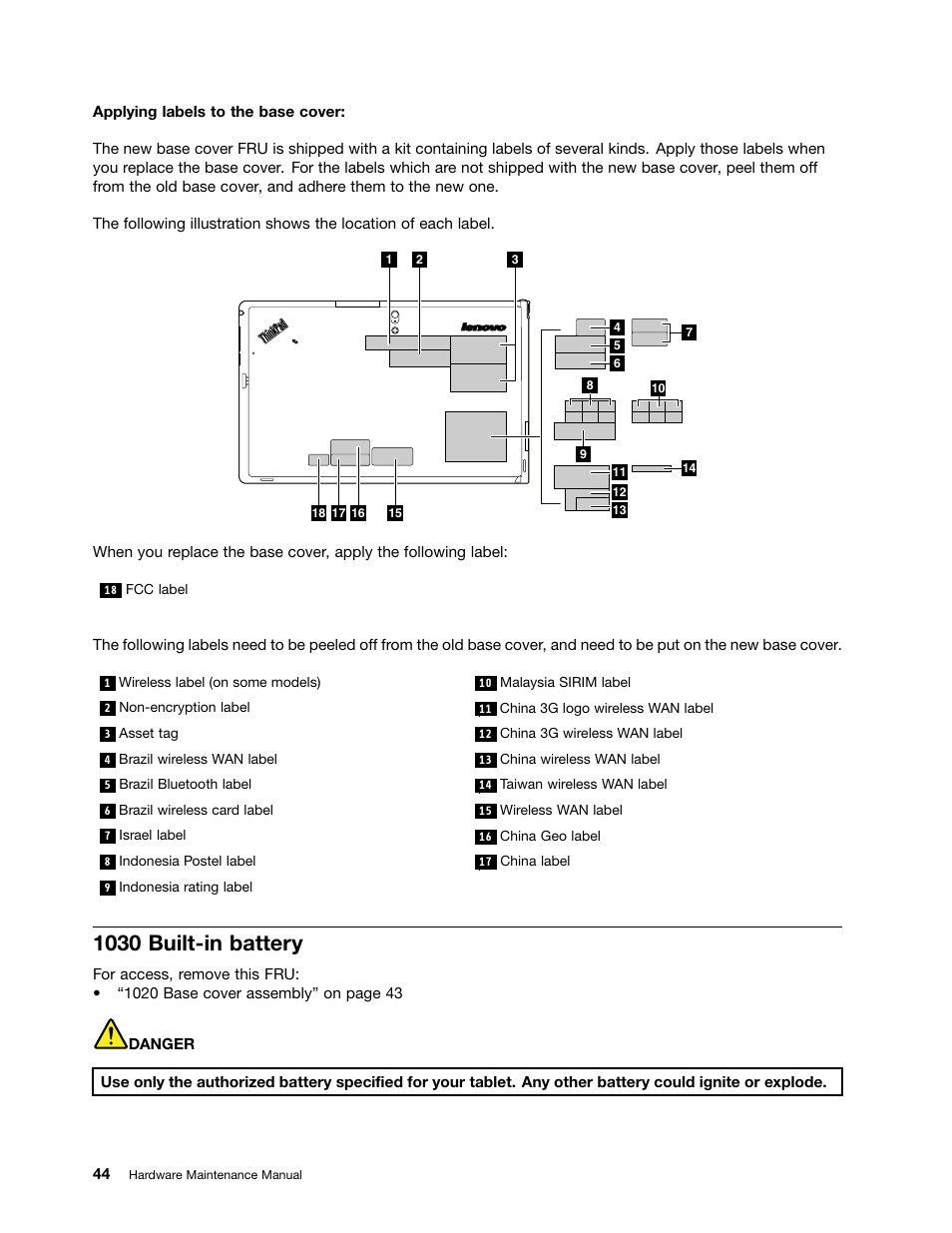 1030 built-in battery | Lenovo ThinkPad Tablet 2 User Manual | Page 50 / 64