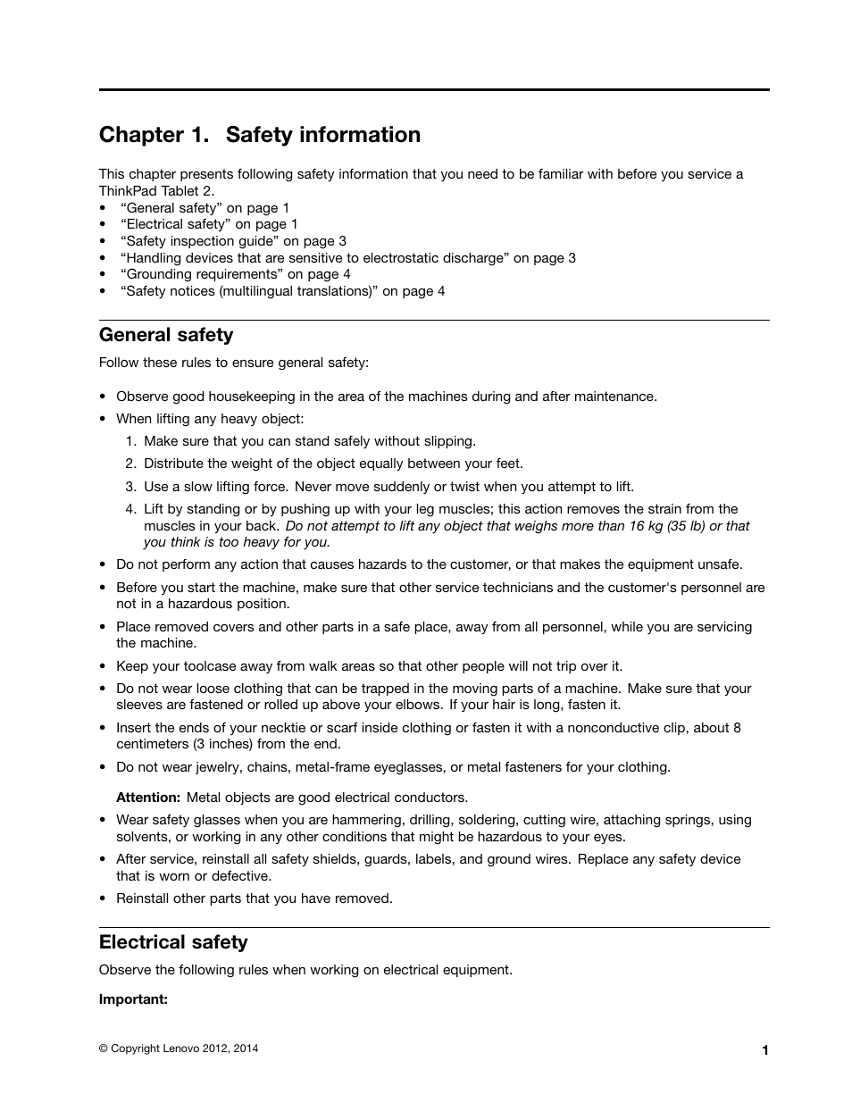 Chapter 1. safety information, General safety, Electrical safety | Lenovo ThinkPad Tablet 2 User Manual | Page 7 / 64
