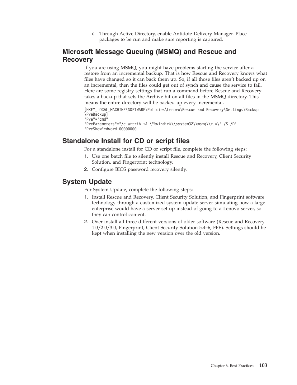 Standalone install for cd or script files, System update, Microsoft | Message, Queuing, Msmq), Rescue, Recovery, Standalone, Install | Lenovo THINKPAD Z60M User Manual | Page 109 / 156