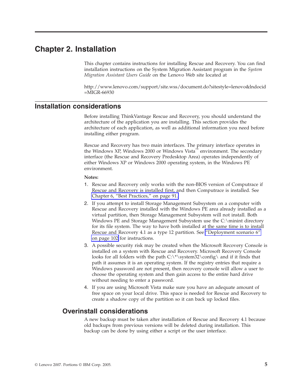 Chapter 2. installation, Installation considerations, Overinstall considerations | Chapter, Installation, Considerations, Overinstall | Lenovo THINKPAD Z60M User Manual | Page 11 / 156