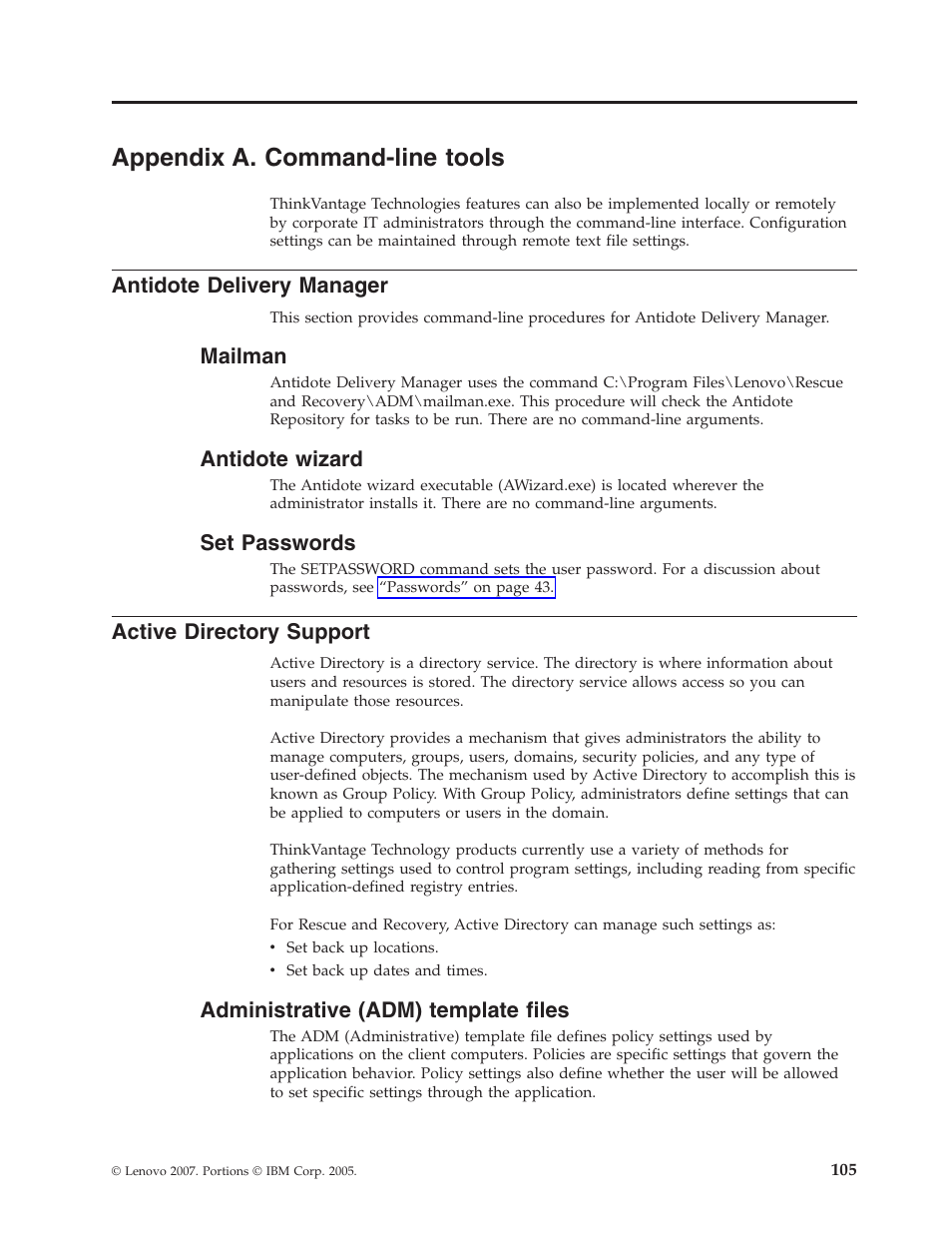 Appendix a. command-line tools, Antidote delivery manager, Mailman | Antidote wizard, Set passwords, Active directory support, Administrative (adm) template files, Appendix, Command-line, Tools | Lenovo THINKPAD Z60M User Manual | Page 111 / 156