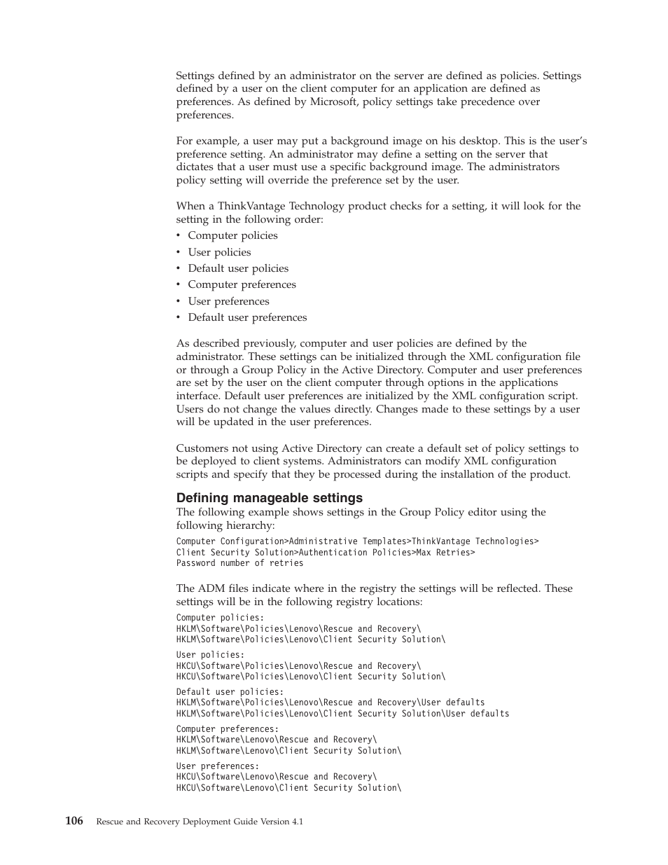 Defining manageable settings, Defining, Manageable | Settings | Lenovo THINKPAD Z60M User Manual | Page 112 / 156