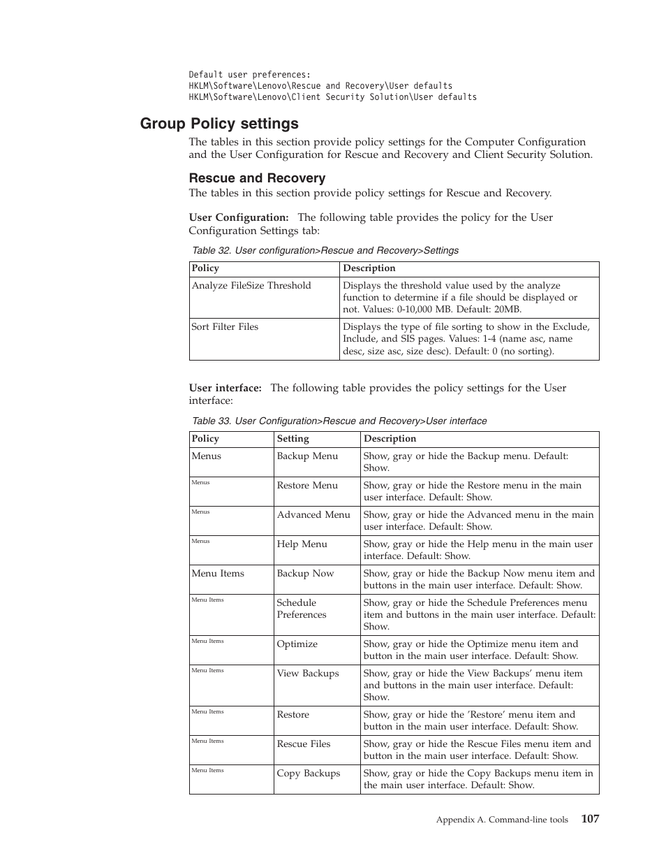 Group policy settings, Rescue and recovery, Group | Policy, Settings, Rescue, Recovery | Lenovo THINKPAD Z60M User Manual | Page 113 / 156