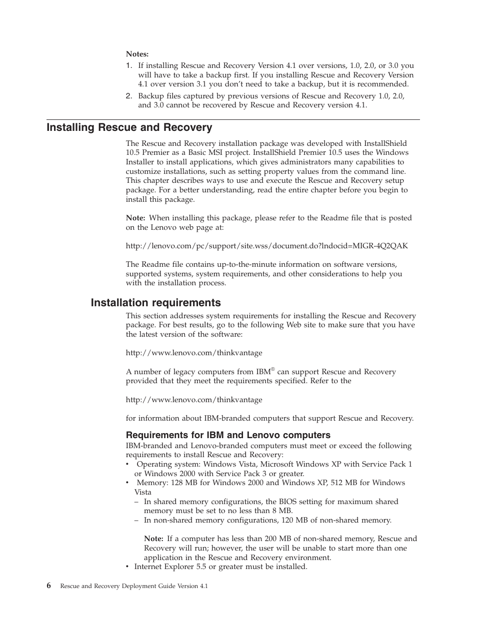 Installing rescue and recovery, Installation requirements, Requirements for ibm and lenovo computers | Installing, Rescue, Recovery, Installation, Requirements, Lenovo, Computers | Lenovo THINKPAD Z60M User Manual | Page 12 / 156