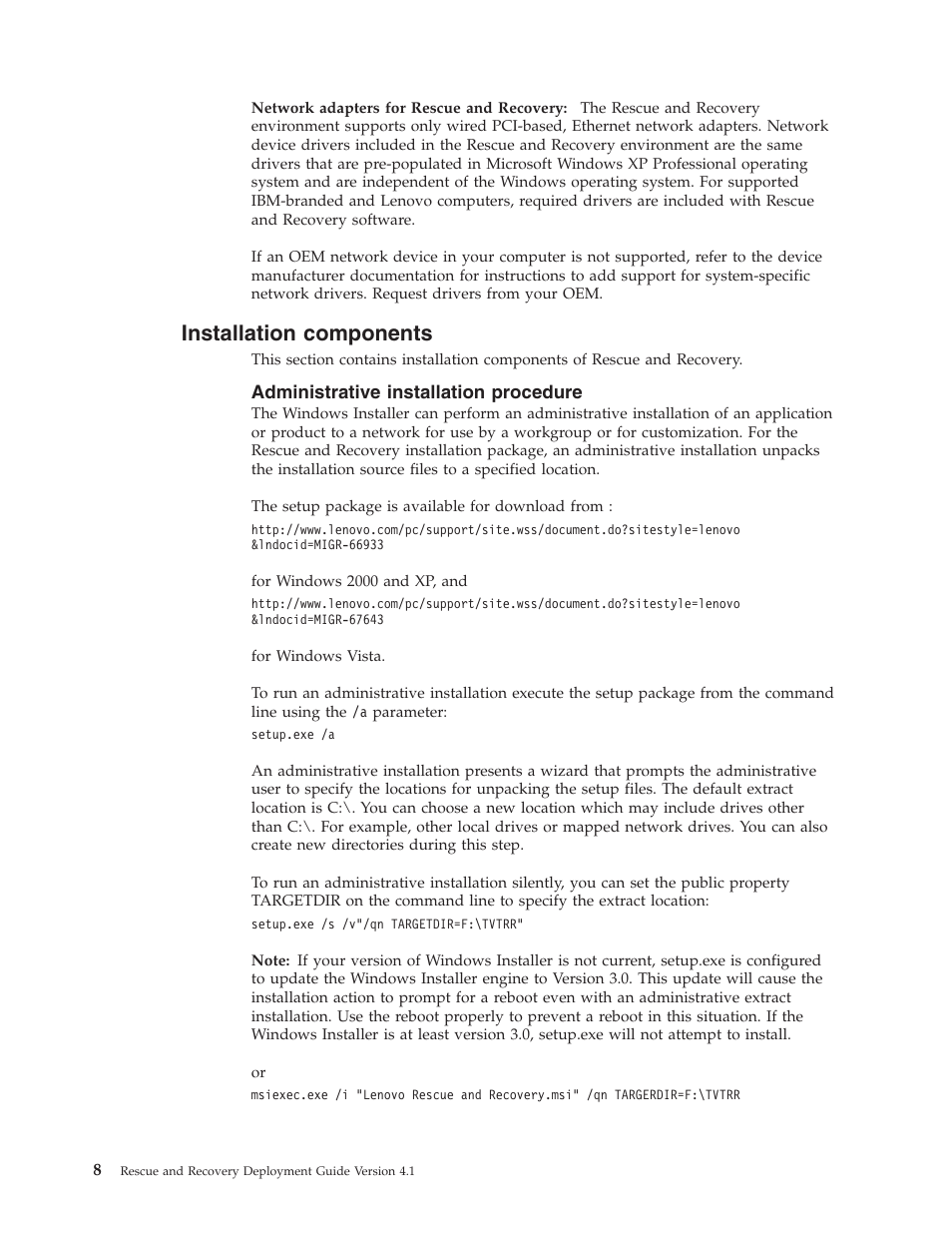 Installation components, Administrative installation procedure, Installation | Components, Administrative, Procedure | Lenovo THINKPAD Z60M User Manual | Page 14 / 156