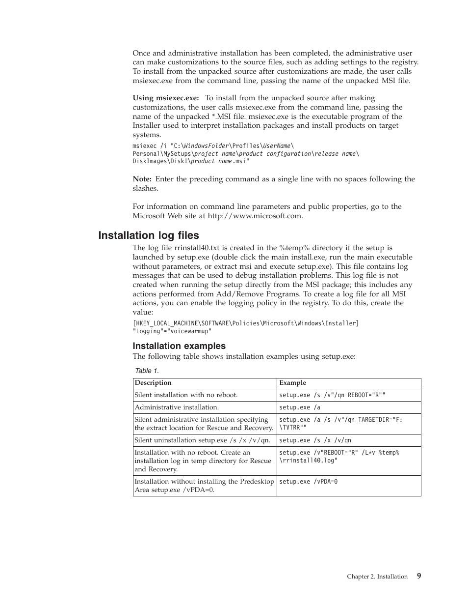 Installation log files, Installation examples, Installation | Files, Examples | Lenovo THINKPAD Z60M User Manual | Page 15 / 156