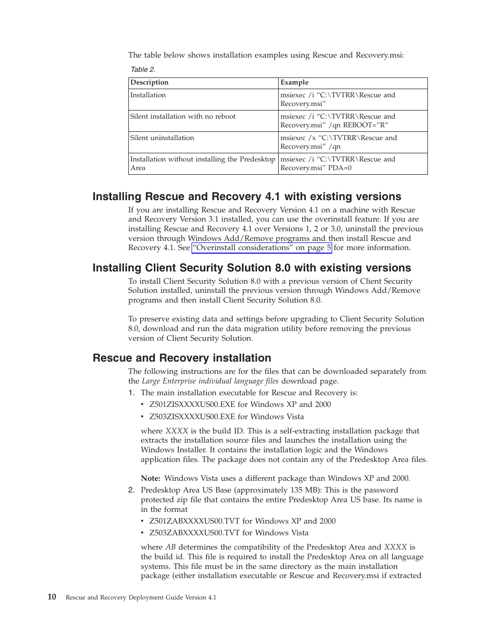 Rescue and recovery installation, Installing, Rescue | Recovery, With, Existing, Versions, Client, Security, Solution | Lenovo THINKPAD Z60M User Manual | Page 16 / 156