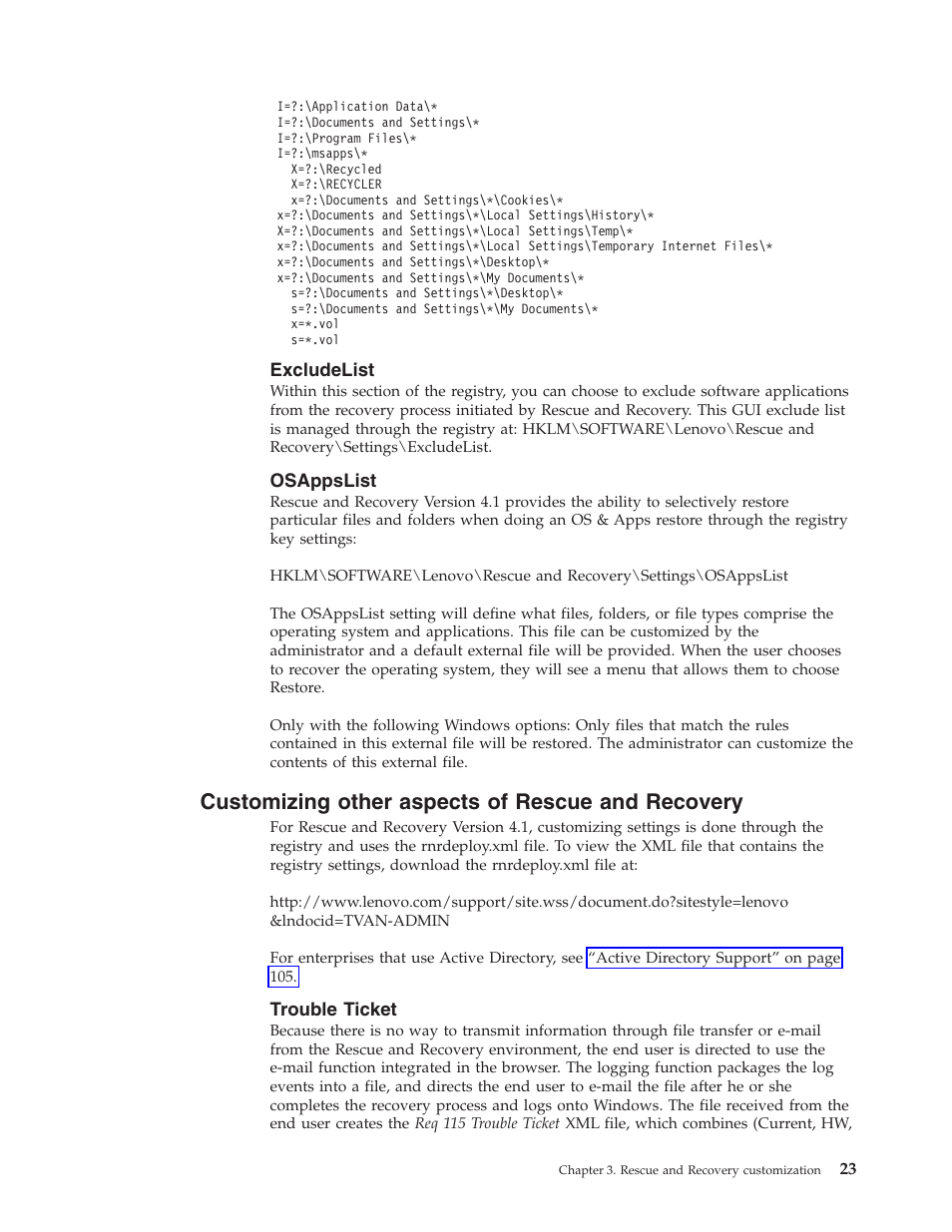 Excludelist, Osappslist, Customizing other aspects of rescue and recovery | Trouble ticket, Customizing, Other, Aspects, Rescue, Recovery, Trouble | Lenovo THINKPAD Z60M User Manual | Page 29 / 156
