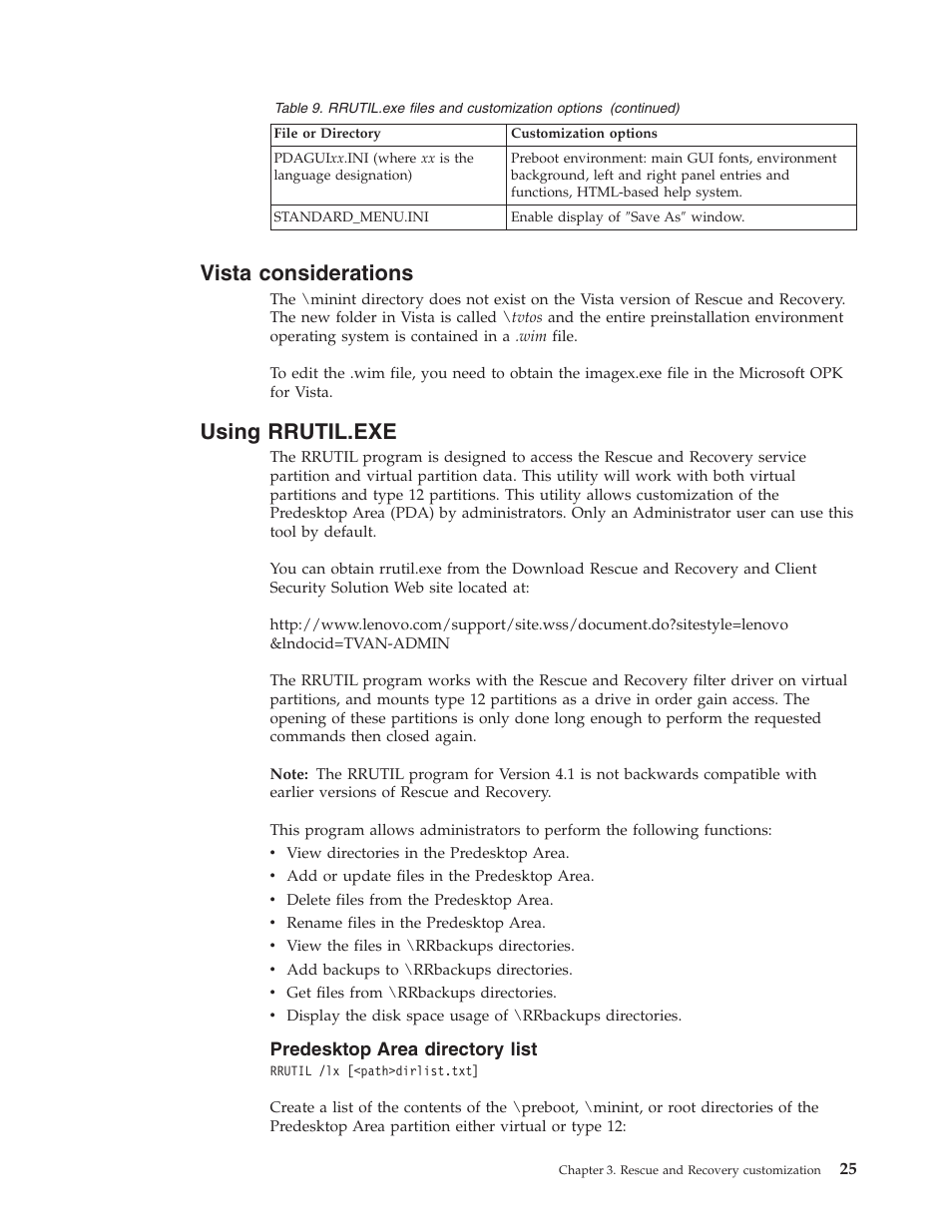 Vista considerations, Using rrutil.exe, Predesktop area directory list | Vista, Considerations, Using, Rrutil.exe, Predesktop, Area, Directory | Lenovo THINKPAD Z60M User Manual | Page 31 / 156