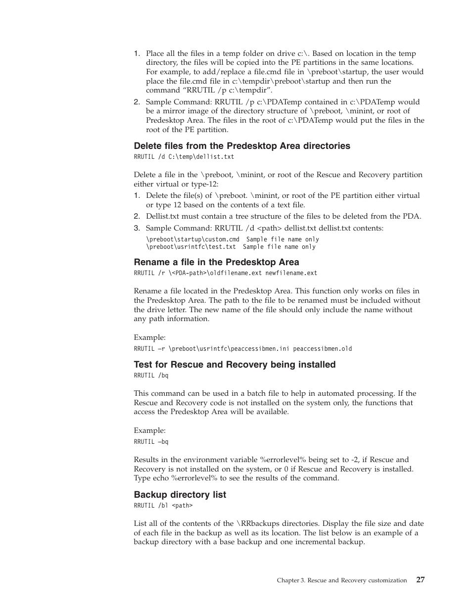 Delete files from the predesktop area directories, Rename a file in the predesktop area, Test for rescue and recovery being installed | Backup directory list, Delete, Files, From, Predesktop, Area, Directories | Lenovo THINKPAD Z60M User Manual | Page 33 / 156