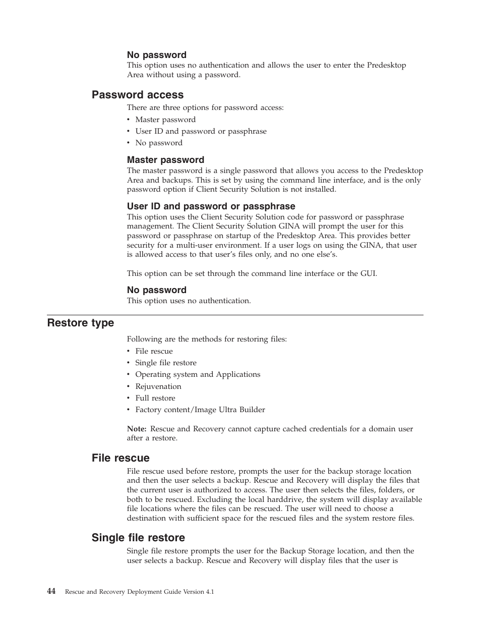 No password, Password access, Master password | User id and password or passphrase, Restore type, File rescue, Single file restore, Password, Access, Restore | Lenovo THINKPAD Z60M User Manual | Page 50 / 156