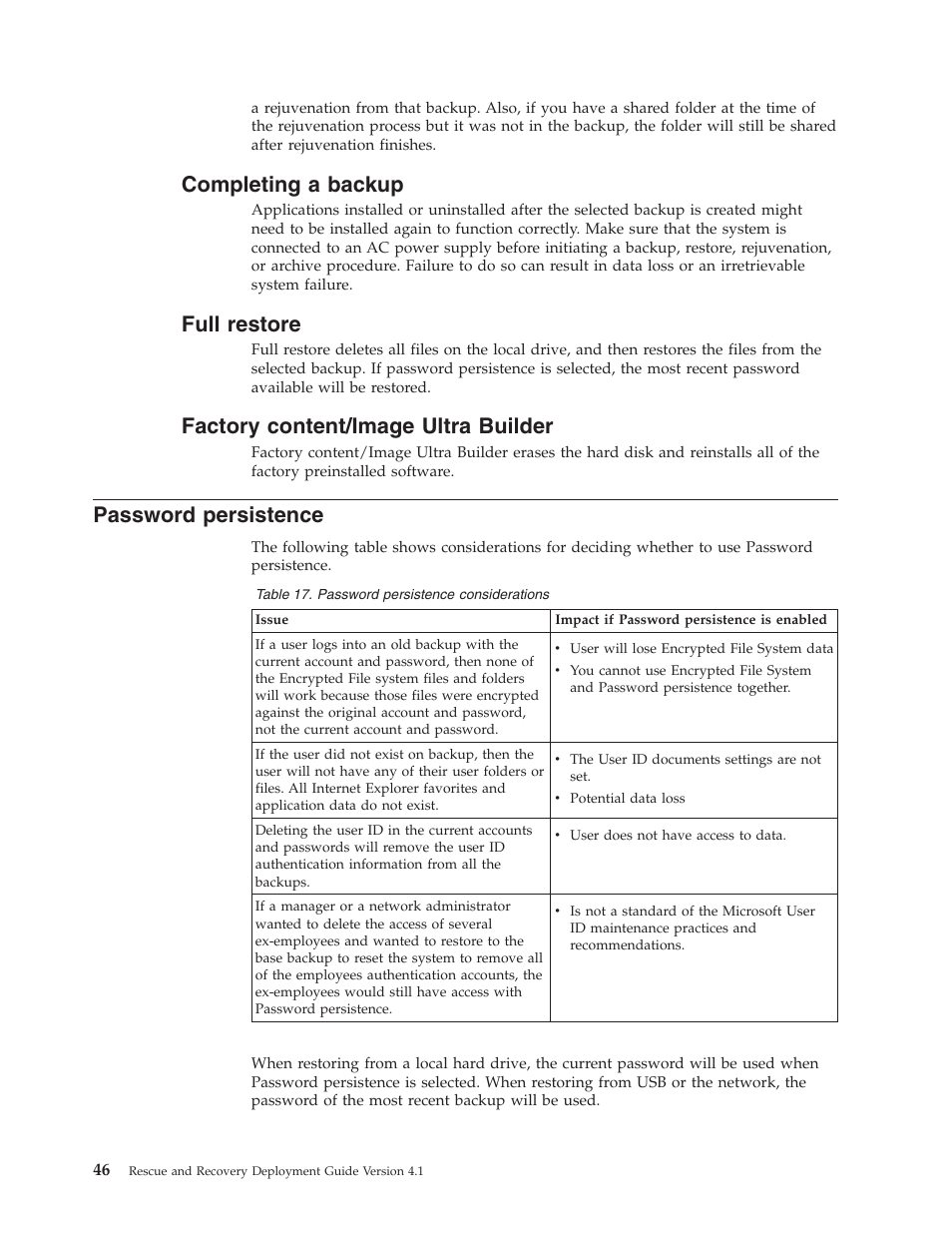 Completing a backup, Full restore, Factory content/image ultra builder | Password persistence, Completing, Backup, Full, Restore, Factory, Content/image | Lenovo THINKPAD Z60M User Manual | Page 52 / 156