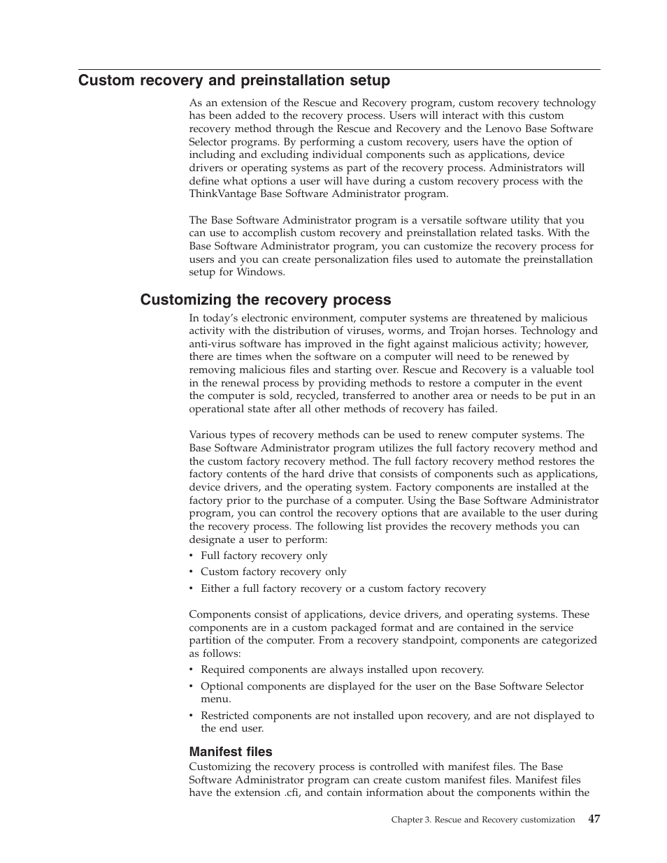 Custom recovery and preinstallation setup, Customizing the recovery process, Manifest files | Custom, Recovery, Preinstallation, Setup, Customizing, Process, Manifest | Lenovo THINKPAD Z60M User Manual | Page 53 / 156