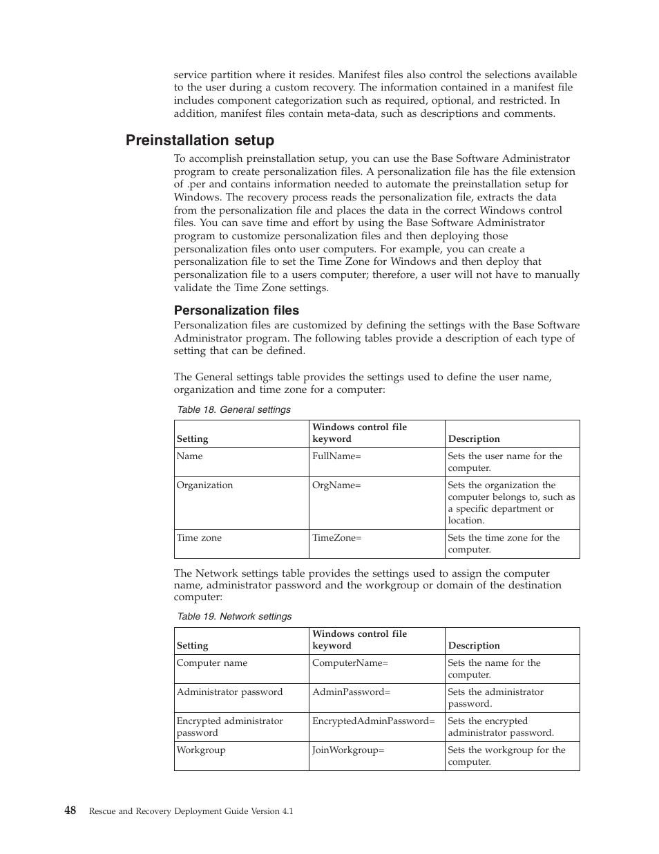 Preinstallation setup, Personalization files, Preinstallation | Setup, Personalization, Files | Lenovo THINKPAD Z60M User Manual | Page 54 / 156