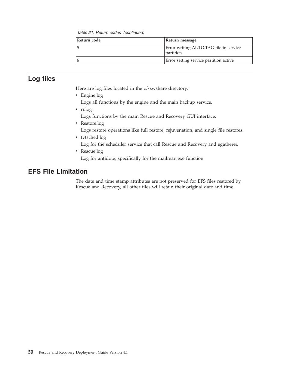 Log files, Efs file limitation, Files | File, Limitation | Lenovo THINKPAD Z60M User Manual | Page 56 / 156