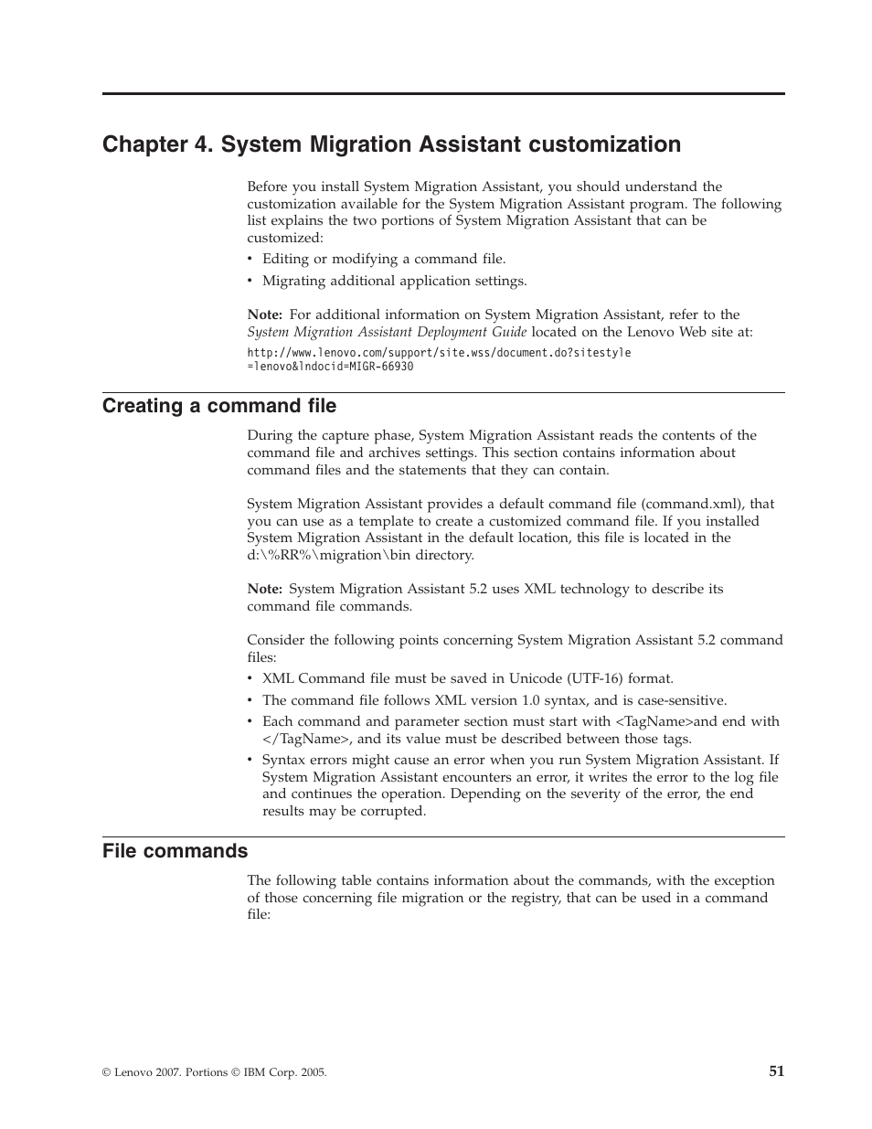 Creating a command file, File commands, Chapter | System, Migration, Assistant, Customization, Creating, Command, File | Lenovo THINKPAD Z60M User Manual | Page 57 / 156