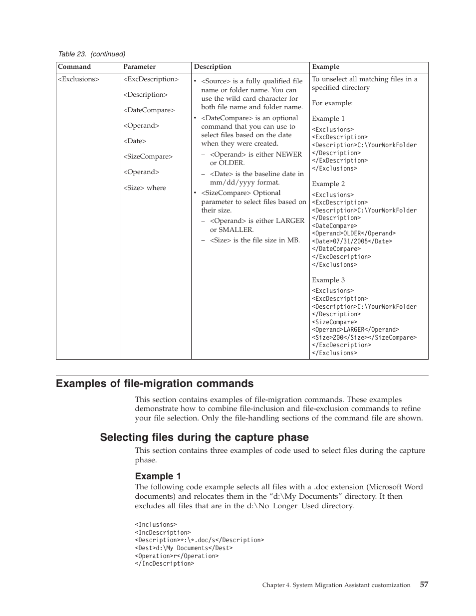 Examples of file-migration commands, Selecting files during the capture phase, Example 1 | Examples, File-migration, Commands, Selecting, Files, During, Capture | Lenovo THINKPAD Z60M User Manual | Page 63 / 156