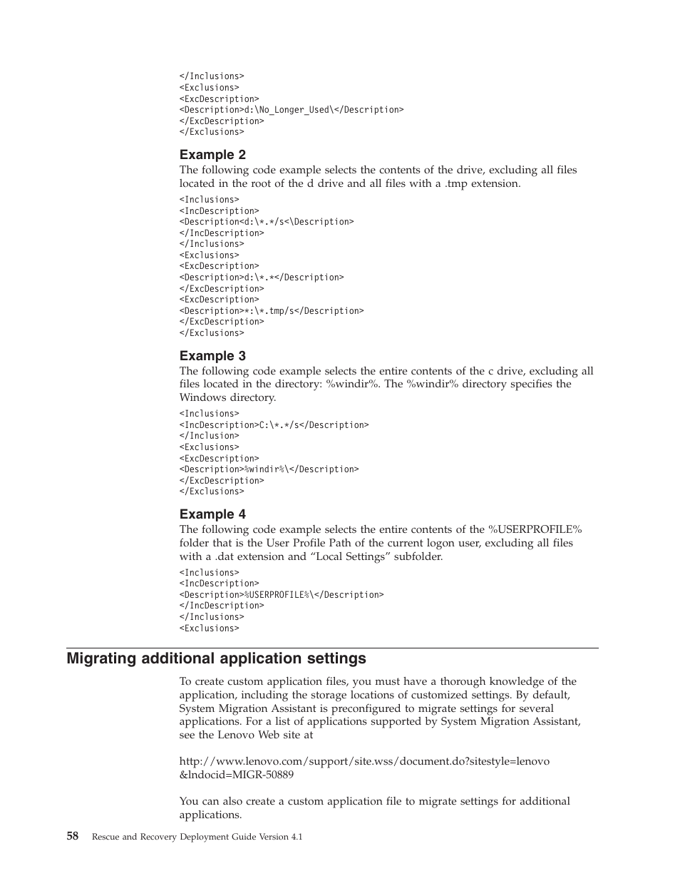 Example 2, Example 3, Example 4 | Migrating additional application settings, Migrating, Additional, Application, Settings, Example | Lenovo THINKPAD Z60M User Manual | Page 64 / 156