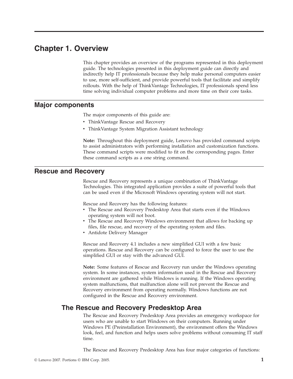 Chapter 1. overview, Major components, Rescue and recovery | The rescue and recovery predesktop area, Chapter, Overview, Major, Components, Rescue, Recovery | Lenovo THINKPAD Z60M User Manual | Page 7 / 156