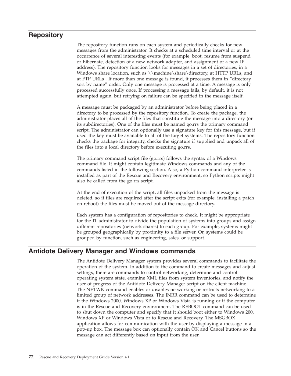 Repository, Antidote delivery manager and windows commands, Antidote | Delivery, Manager, Windows, Commands | Lenovo THINKPAD Z60M User Manual | Page 78 / 156