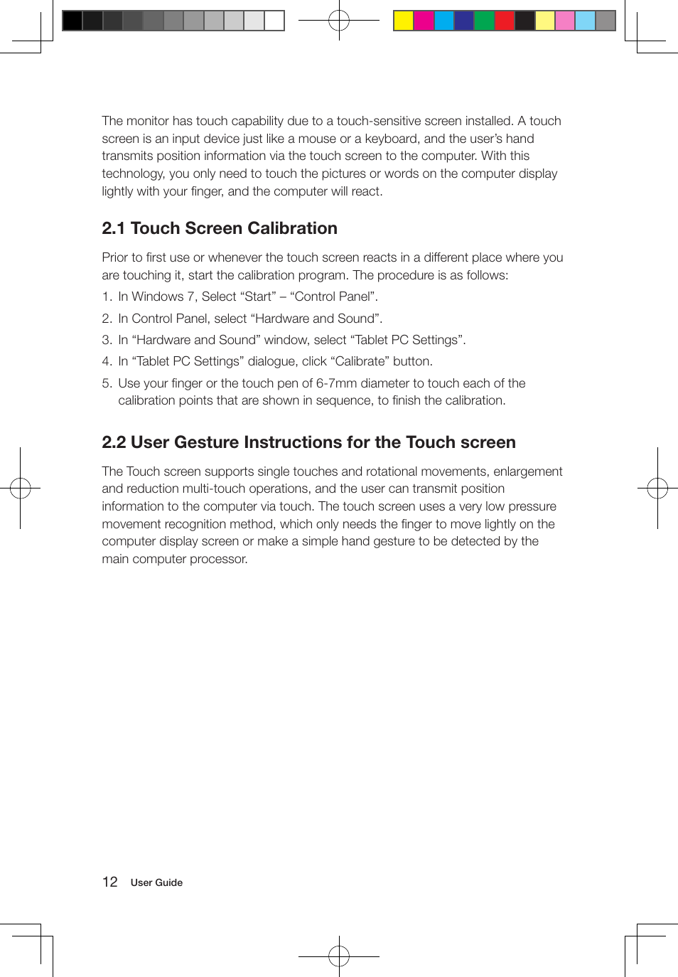 1 touch screen calibration, 2 user gesture instructions for the touch screen | Lenovo IdeaCentre B310 User Manual | Page 17 / 47