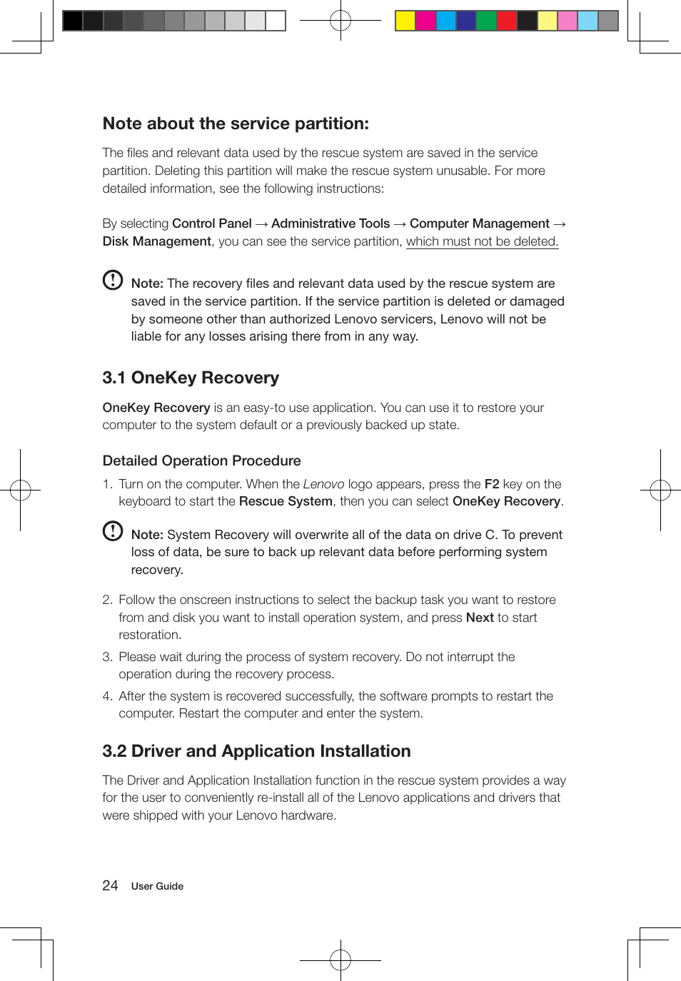 1 onekey recovery, 2 driver and application installation | Lenovo IdeaCentre B310 User Manual | Page 29 / 47