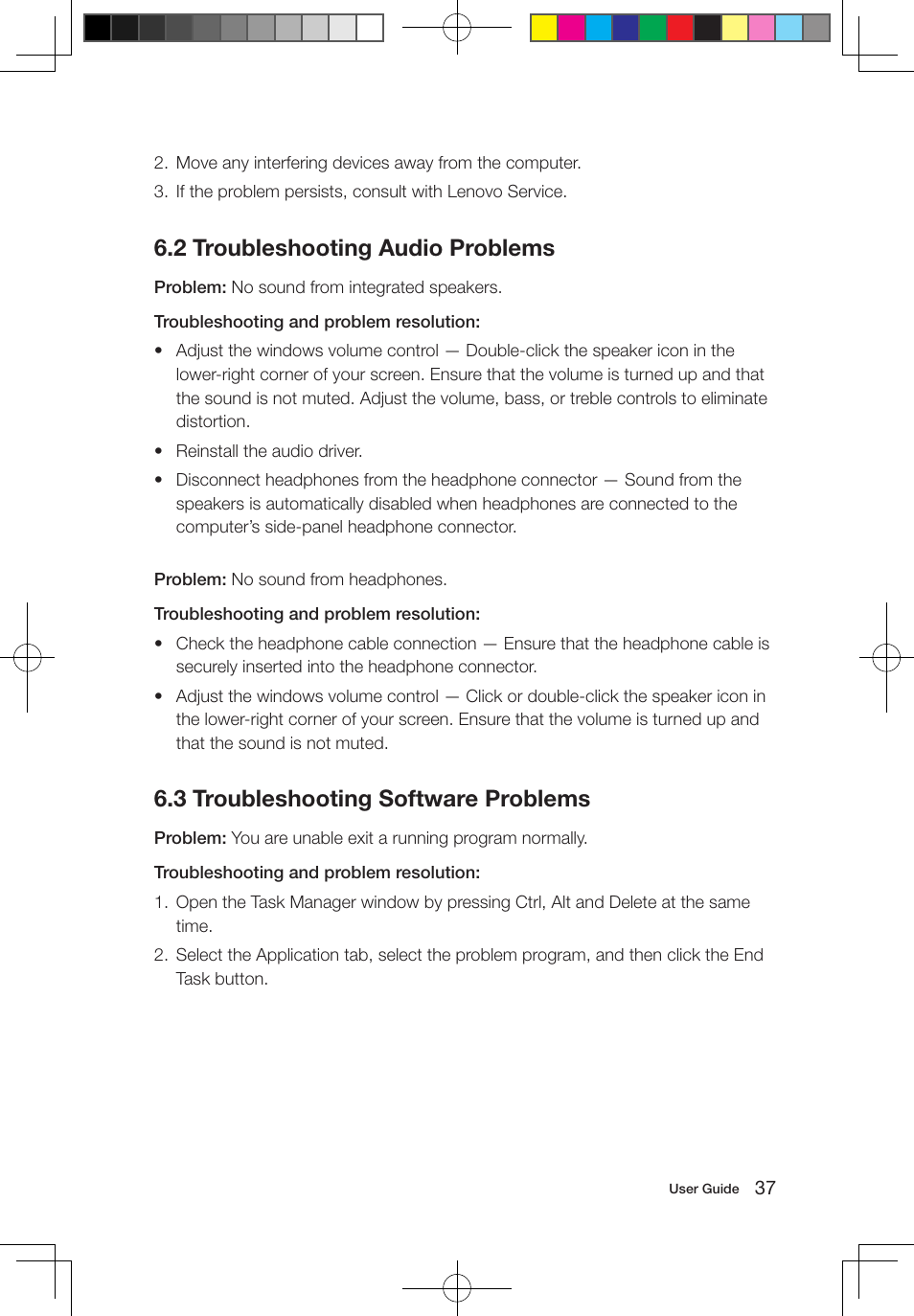 2 troubleshooting audio problems, 3 troubleshooting software problems | Lenovo IdeaCentre B310 User Manual | Page 42 / 47