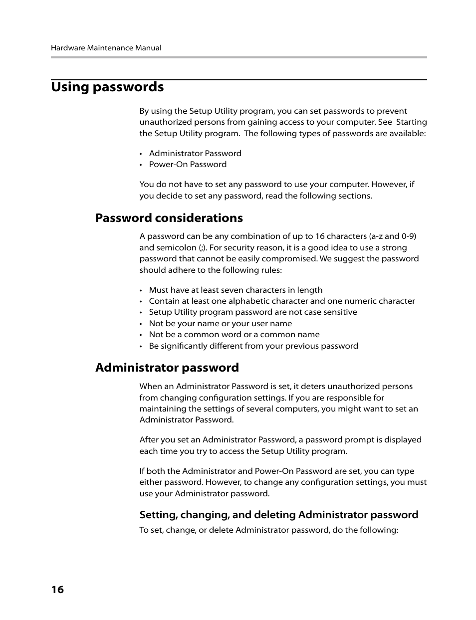 Using passwords, Password considerations, Administrator password | Lenovo IdeaCentre A300 User Manual | Page 18 / 53