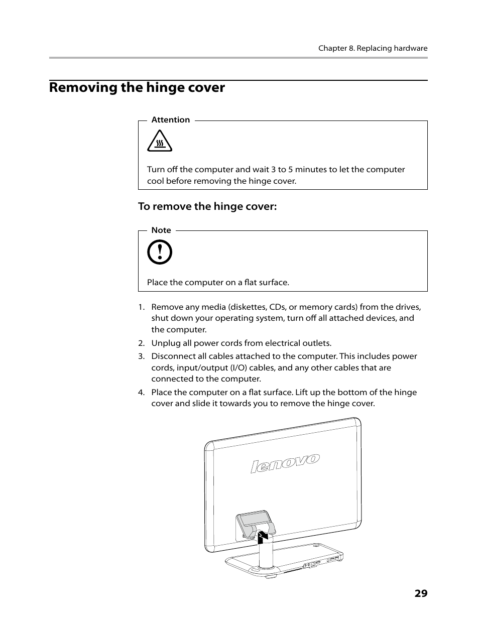 Removing the hinge cover | Lenovo IdeaCentre A300 User Manual | Page 31 / 53