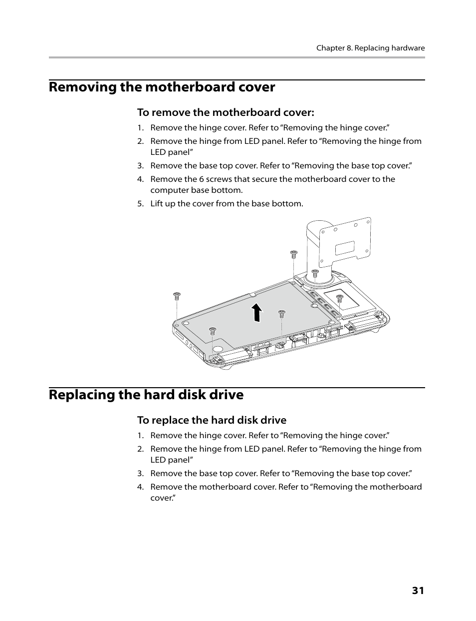 Removing the motherboard cover, Replacing the hard disk drive | Lenovo IdeaCentre A300 User Manual | Page 33 / 53