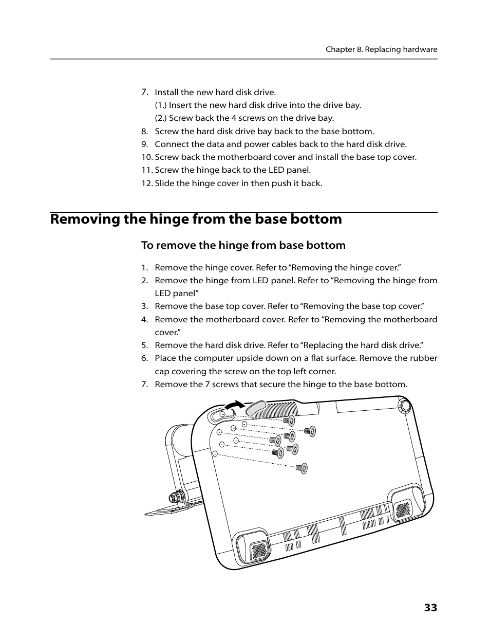 Removing the hinge from the base bottom | Lenovo IdeaCentre A300 User Manual | Page 35 / 53