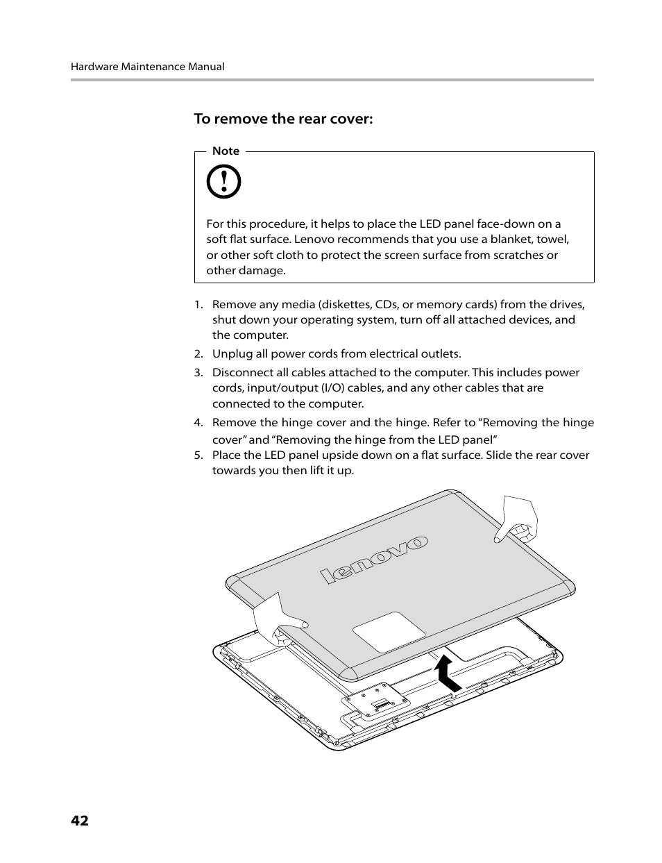 42 to remove the rear cover | Lenovo IdeaCentre A300 User Manual | Page 44 / 53