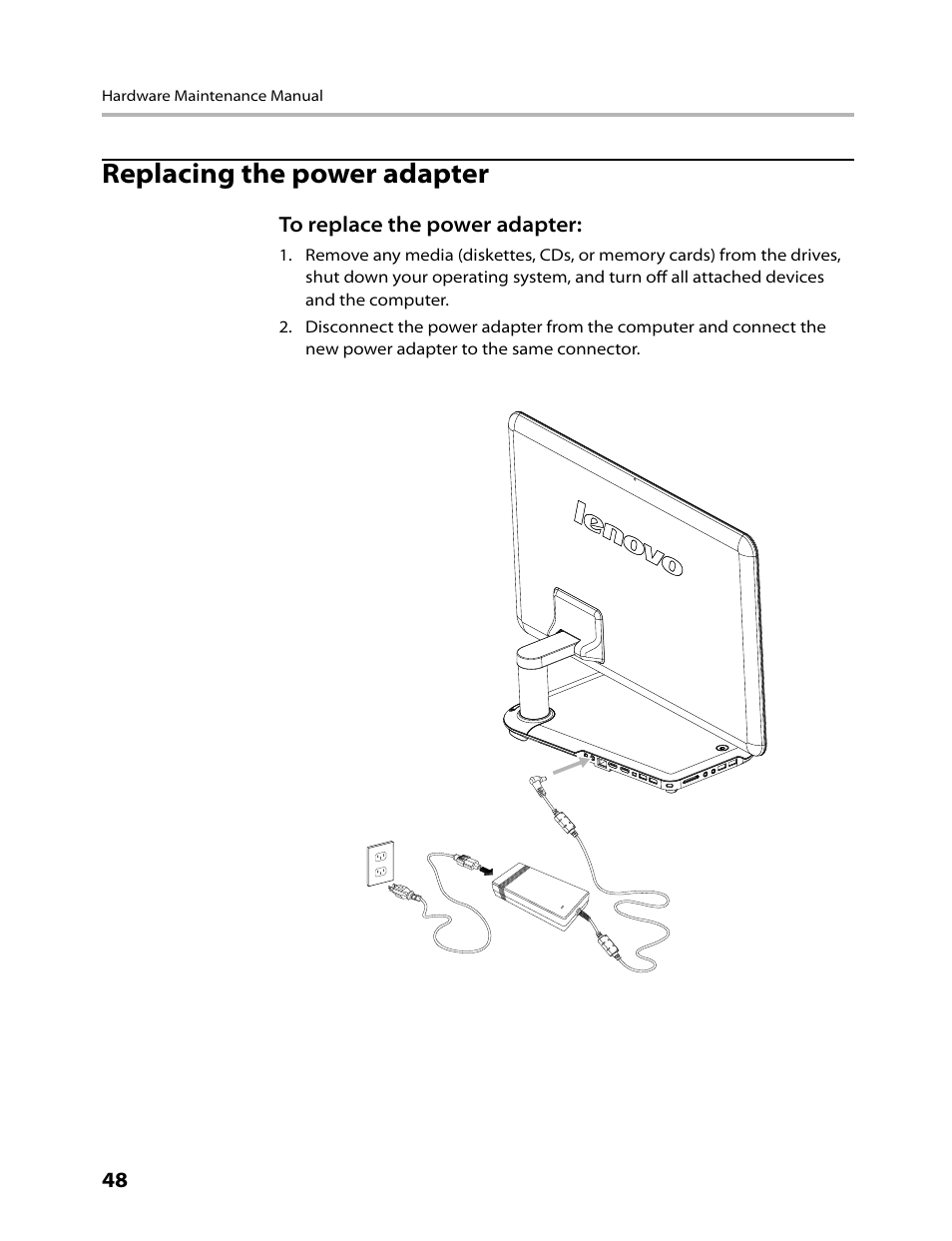 Replacing the power adapter | Lenovo IdeaCentre A300 User Manual | Page 50 / 53
