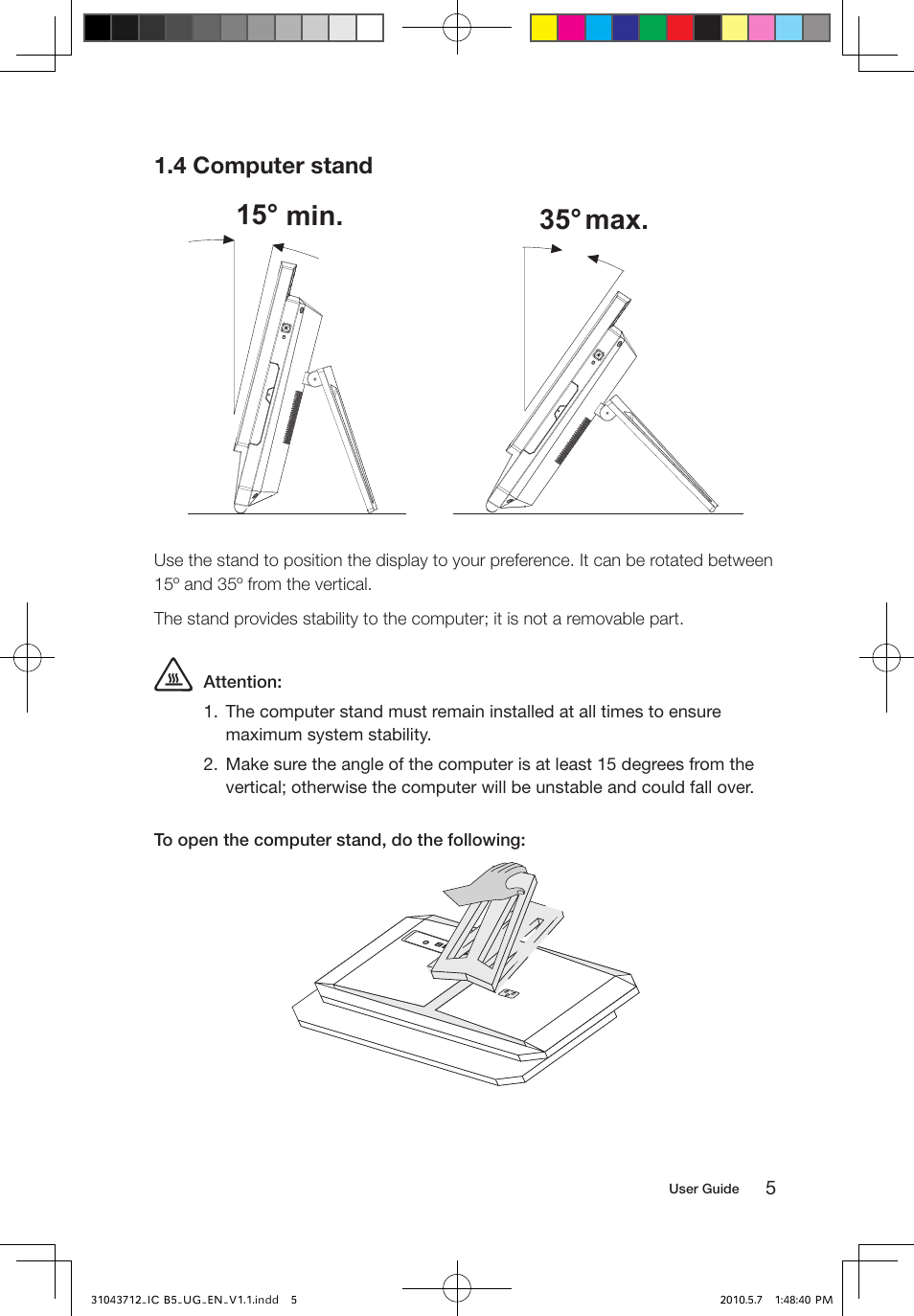 15° min. 35° max, 4 computer stand | Lenovo IdeaCentre B505 User Manual | Page 10 / 51