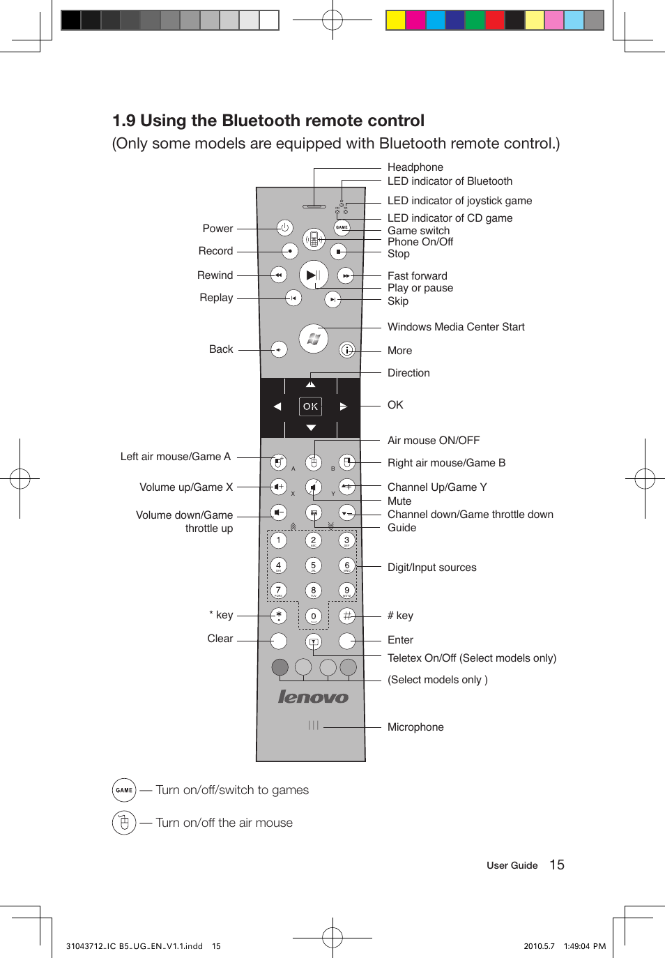 9 using the bluetooth remote control | Lenovo IdeaCentre B505 User Manual | Page 20 / 51