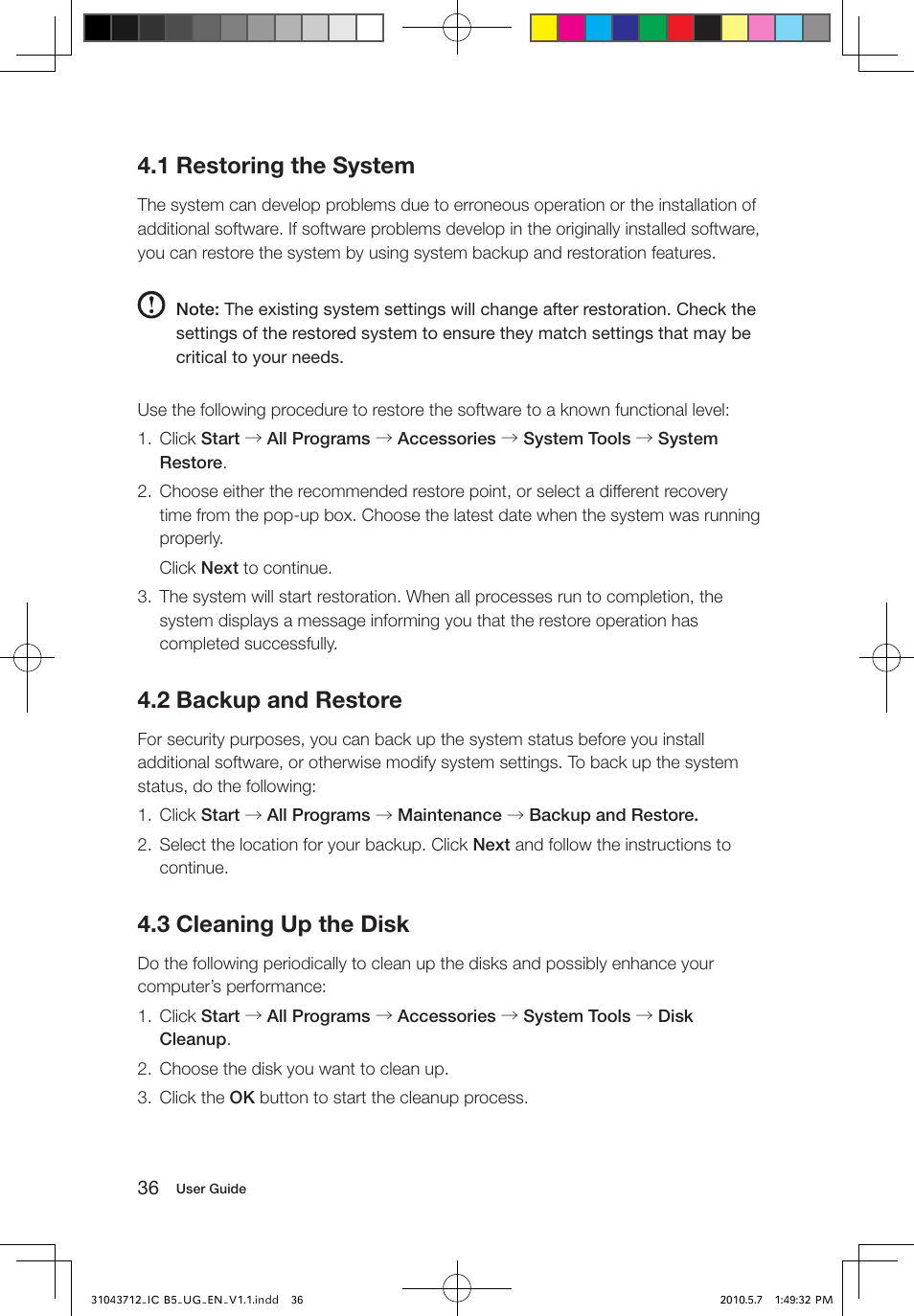 1 restoring the system, 2 backup and restore, 3 cleaning up the disk | Lenovo IdeaCentre B505 User Manual | Page 41 / 51