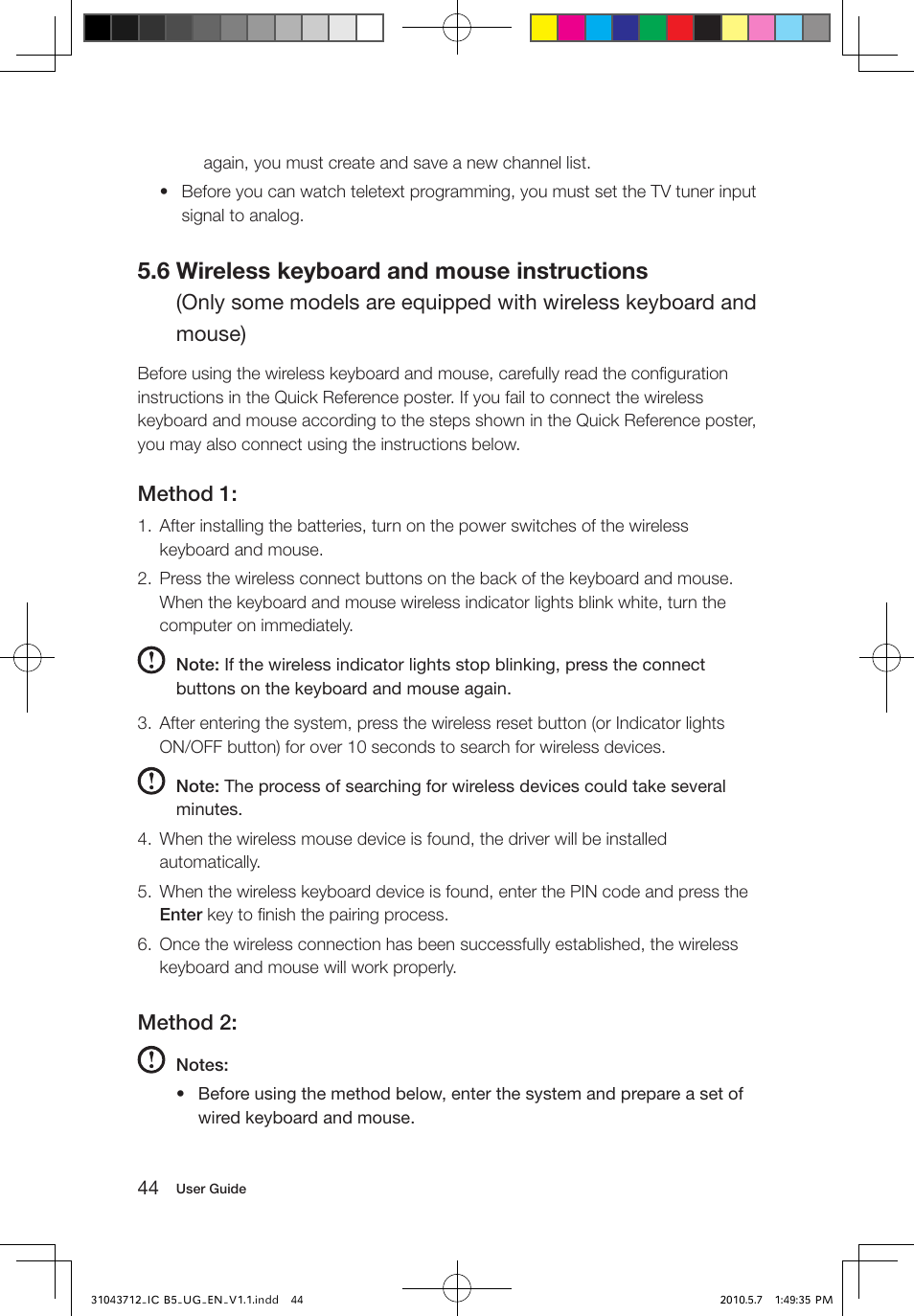 6 wireless keyboard and mouse instructions, Method 1, Method 2 | Lenovo IdeaCentre B505 User Manual | Page 49 / 51