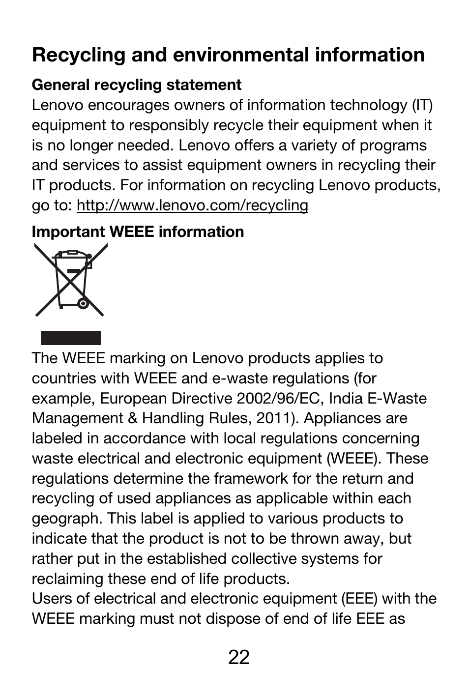 22 recycling and environmental information | Lenovo A390 Smartphone User Manual | Page 22 / 25