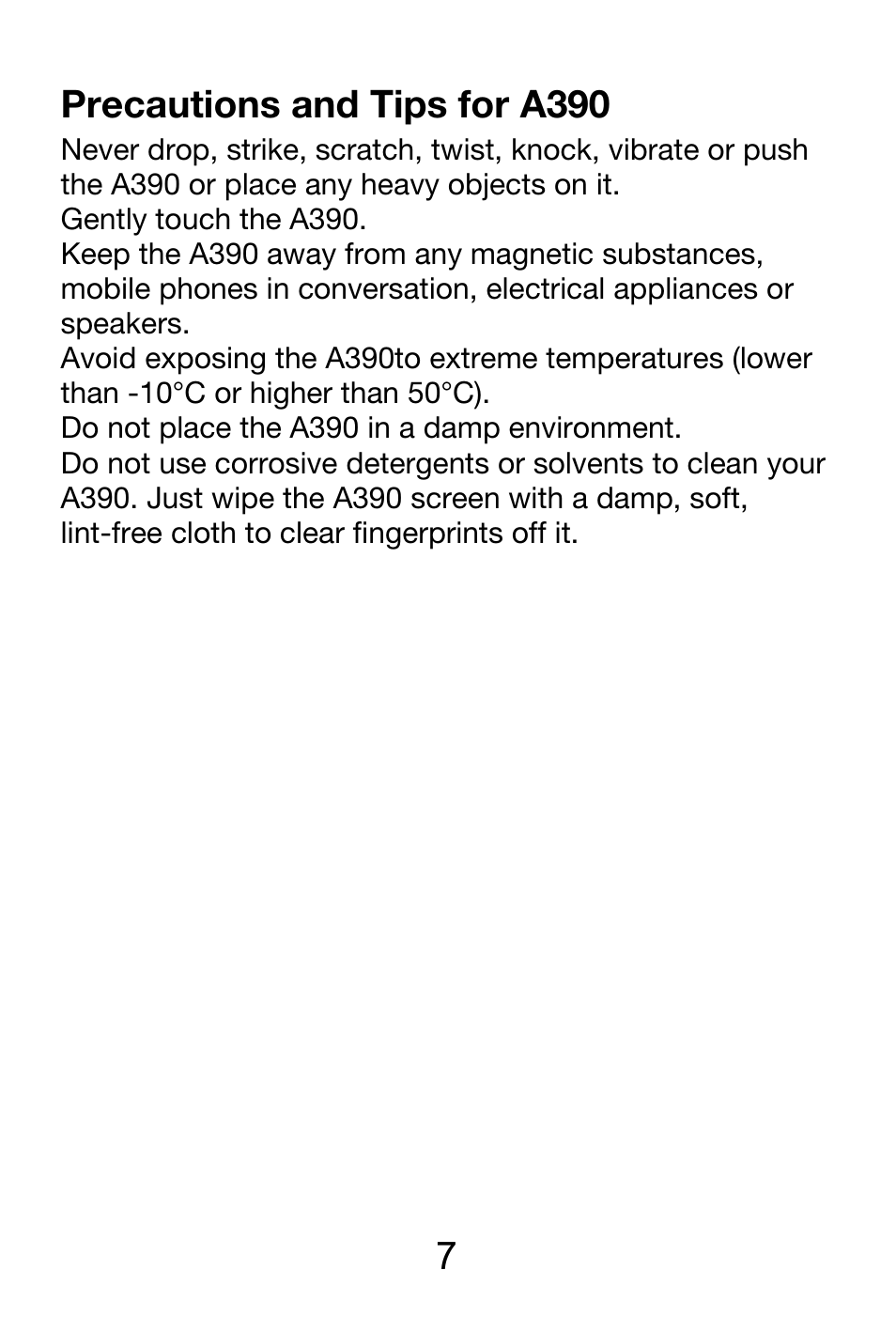 7 precautions and tips for a390 | Lenovo A390 Smartphone User Manual | Page 7 / 25